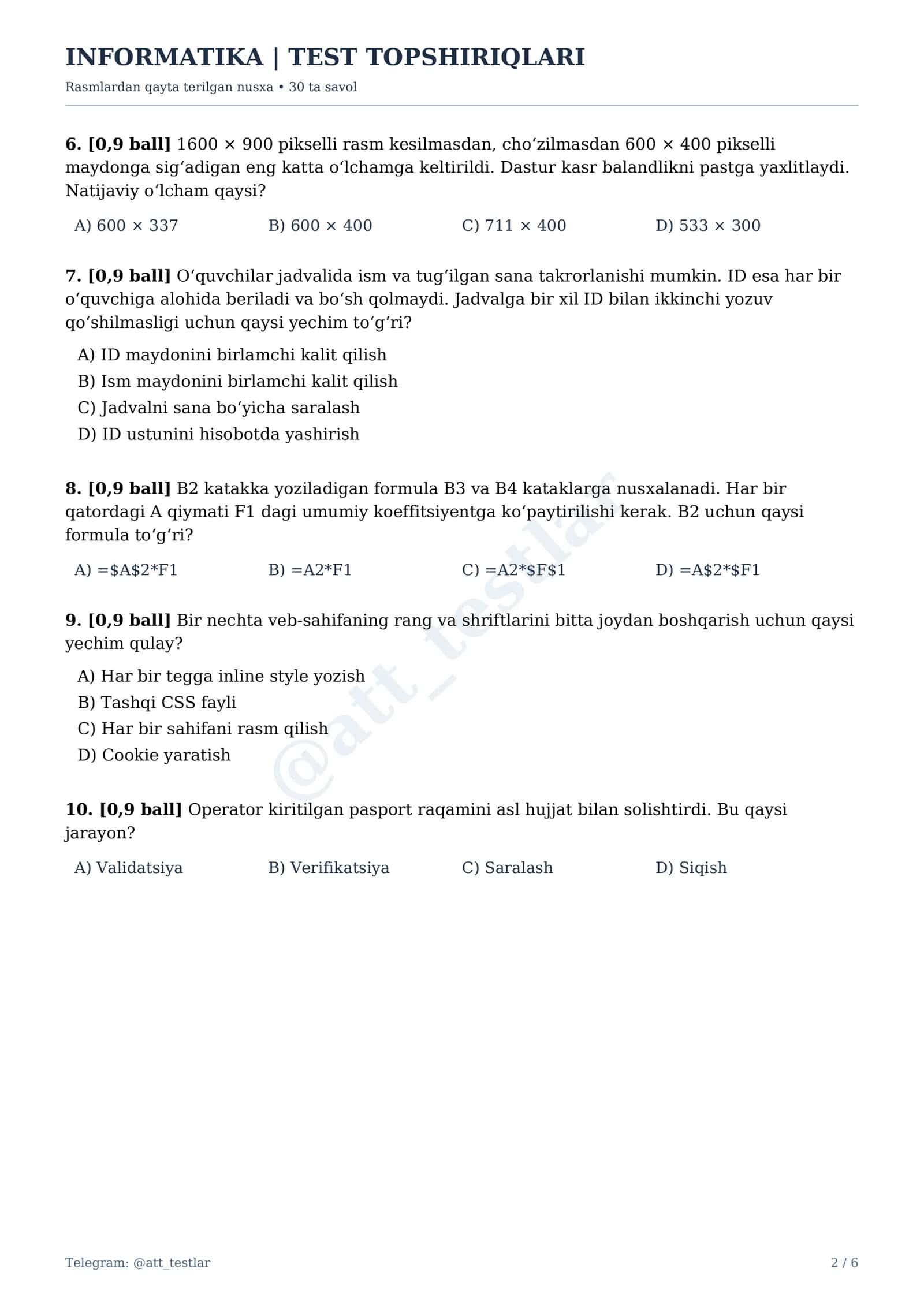 INFORMATIKA | TEST TOPSHIRIQLARI 2
