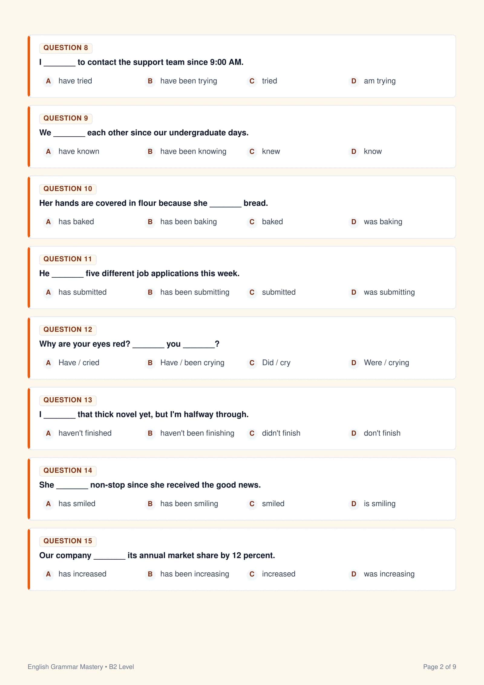 Present Perfect Simple & Present Perfect Continuous (B2 Level) — 50 Ta Test 2