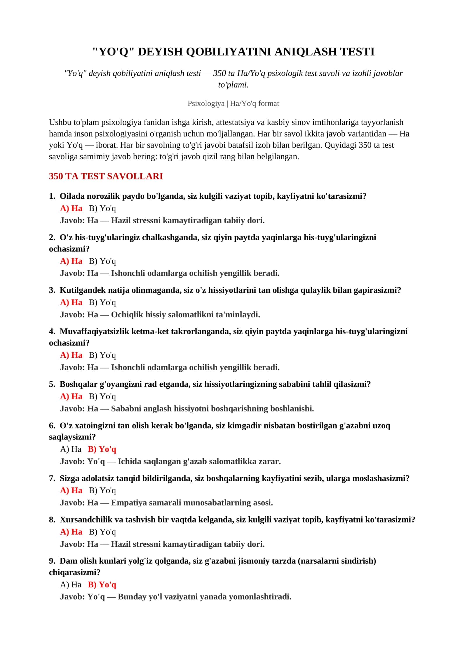 "YO'Q" DEYISH QOBILIYATINI ANIQLASH TESTI 2