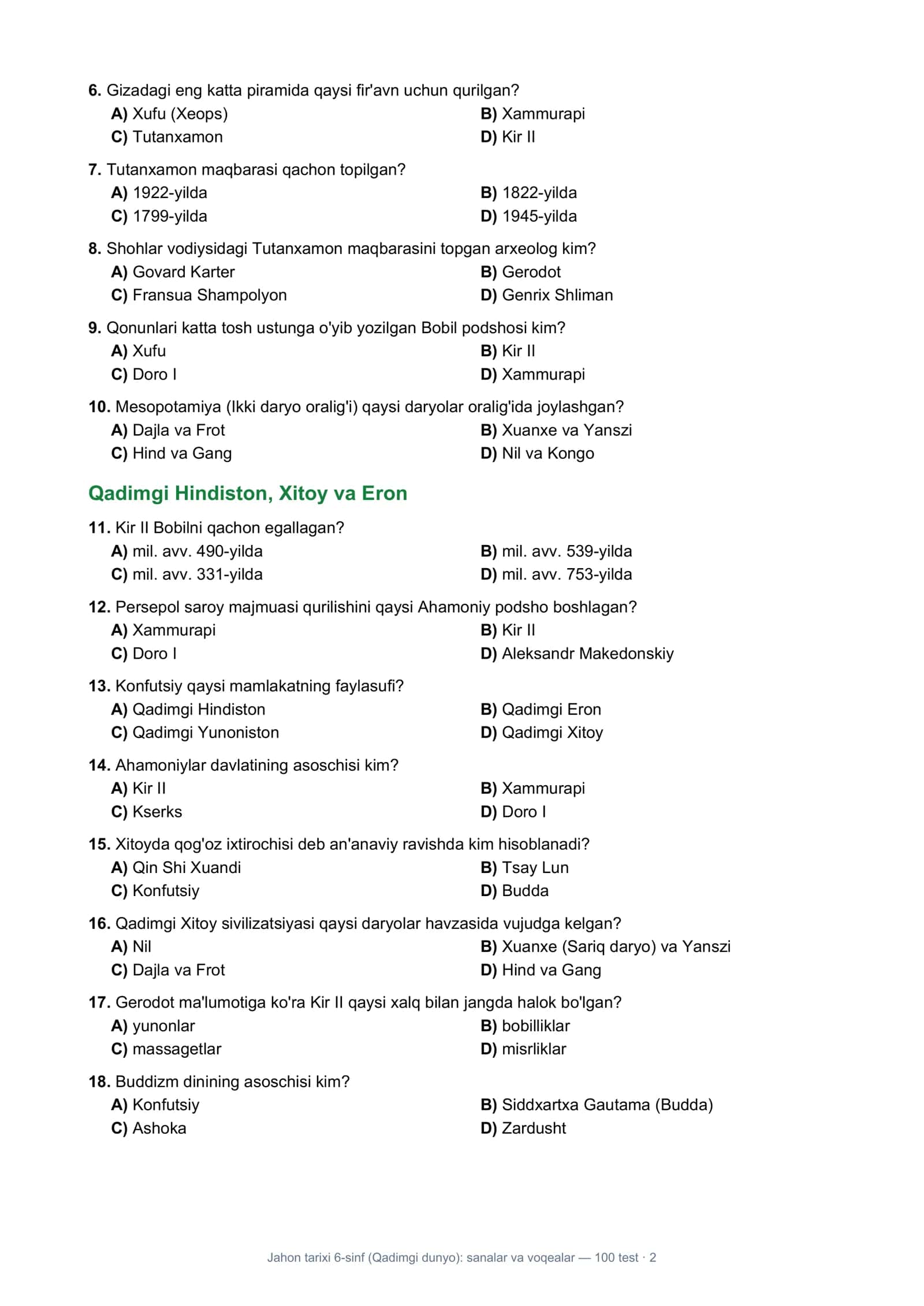 Jahon tarixi 6-sinf (Qadimgi dunyo): sanalar va voqealar — 100 test 2