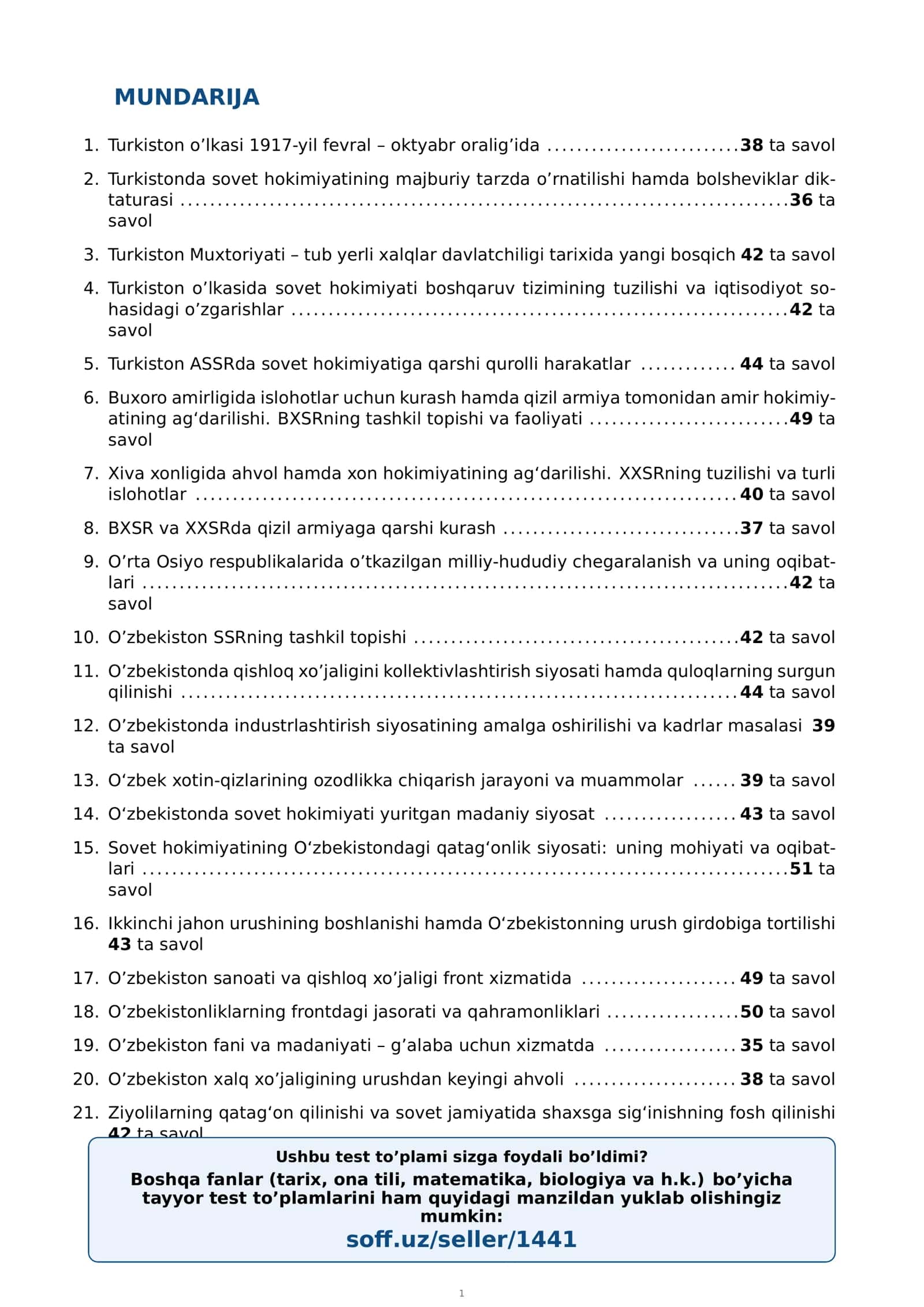 10-sinf O‘zbekiston tarixi fanidan mavzulashtirilgan test va savollar to'plami 2