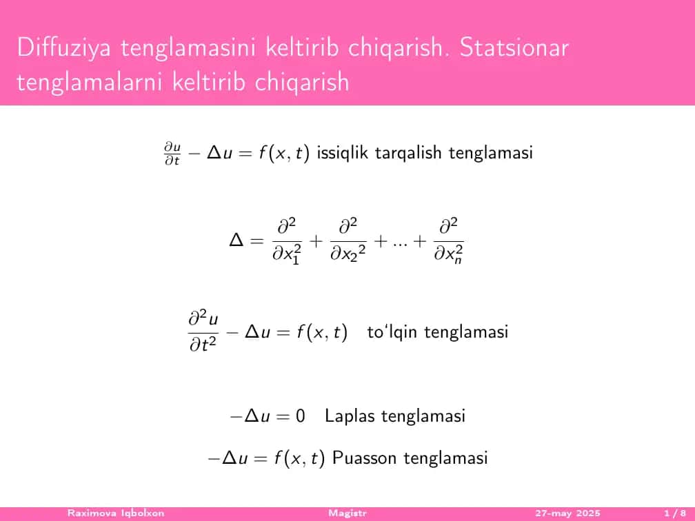 Diffuziya tenglamasini keltirib chiqarish 2