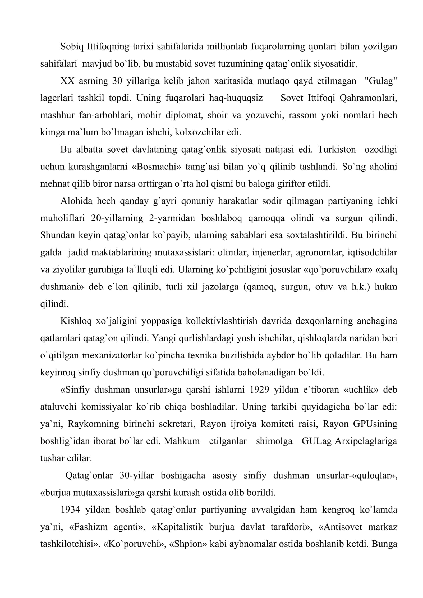 Sovet tuzumining qatag`onlik siyosati va uning o`zbekistondagi og`ir oqibatlari. Sovetlar davrida o`zbekistonning iqtisodiy va ma`naviy qaramligi, uning oqibatlari 2