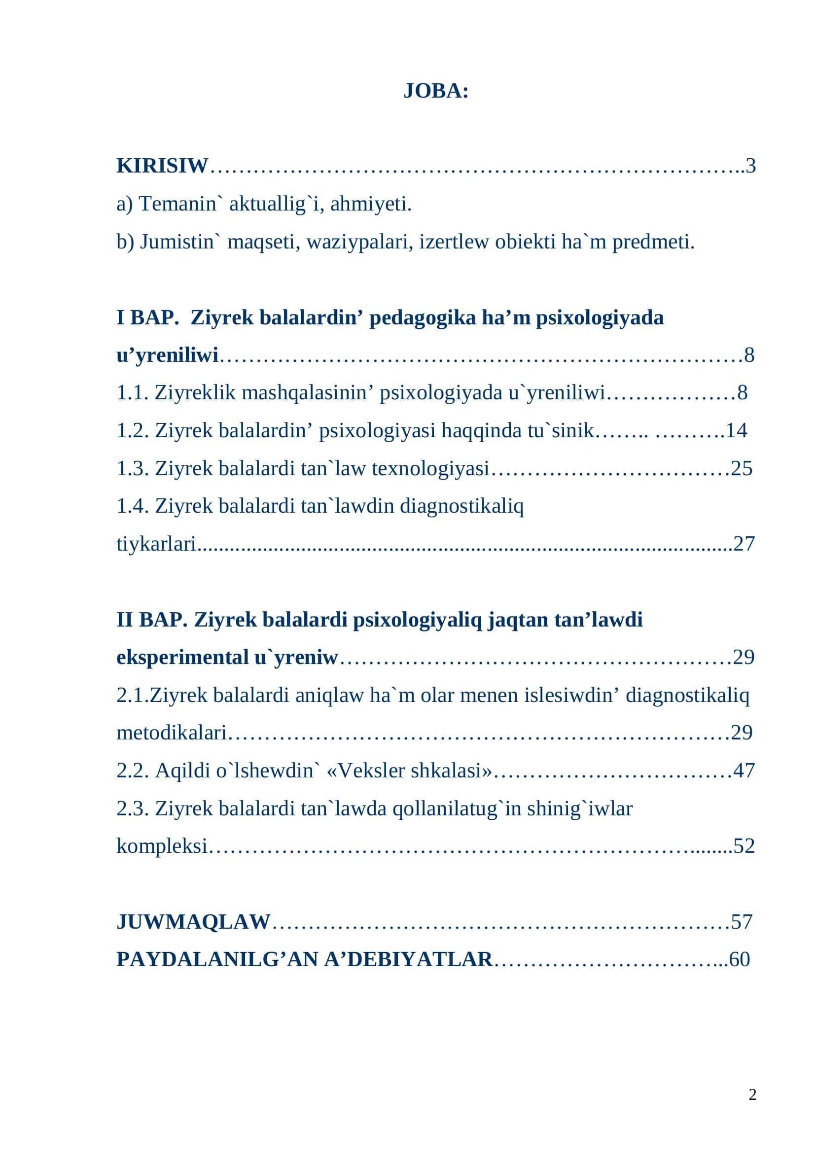 Ziyrek balalardi tan'lawdin' psixologiyaliq tiykarlari 2