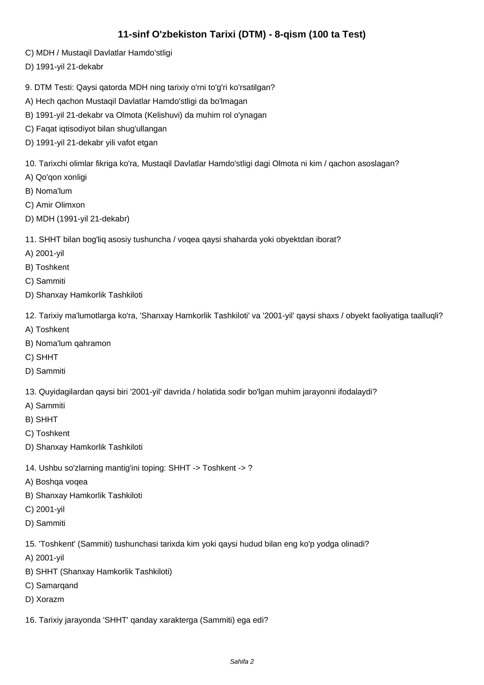 11-sinf O'zbekiston Tarixi (DTM) - 8-qism (100 ta Test) 2