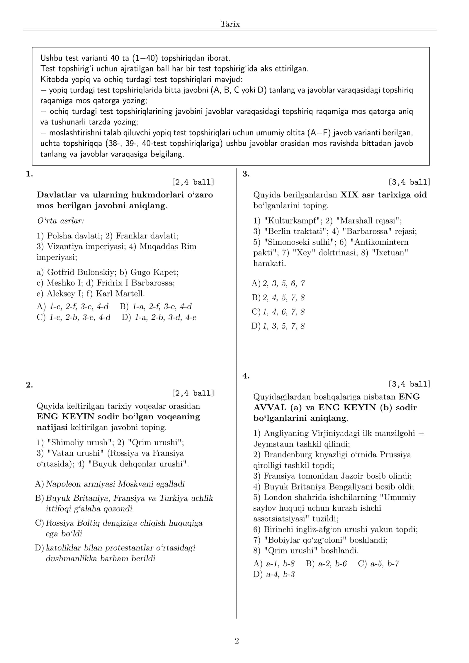 TARIX FANIDAN TEST TOPSHIRIQLARI KITOBI 2