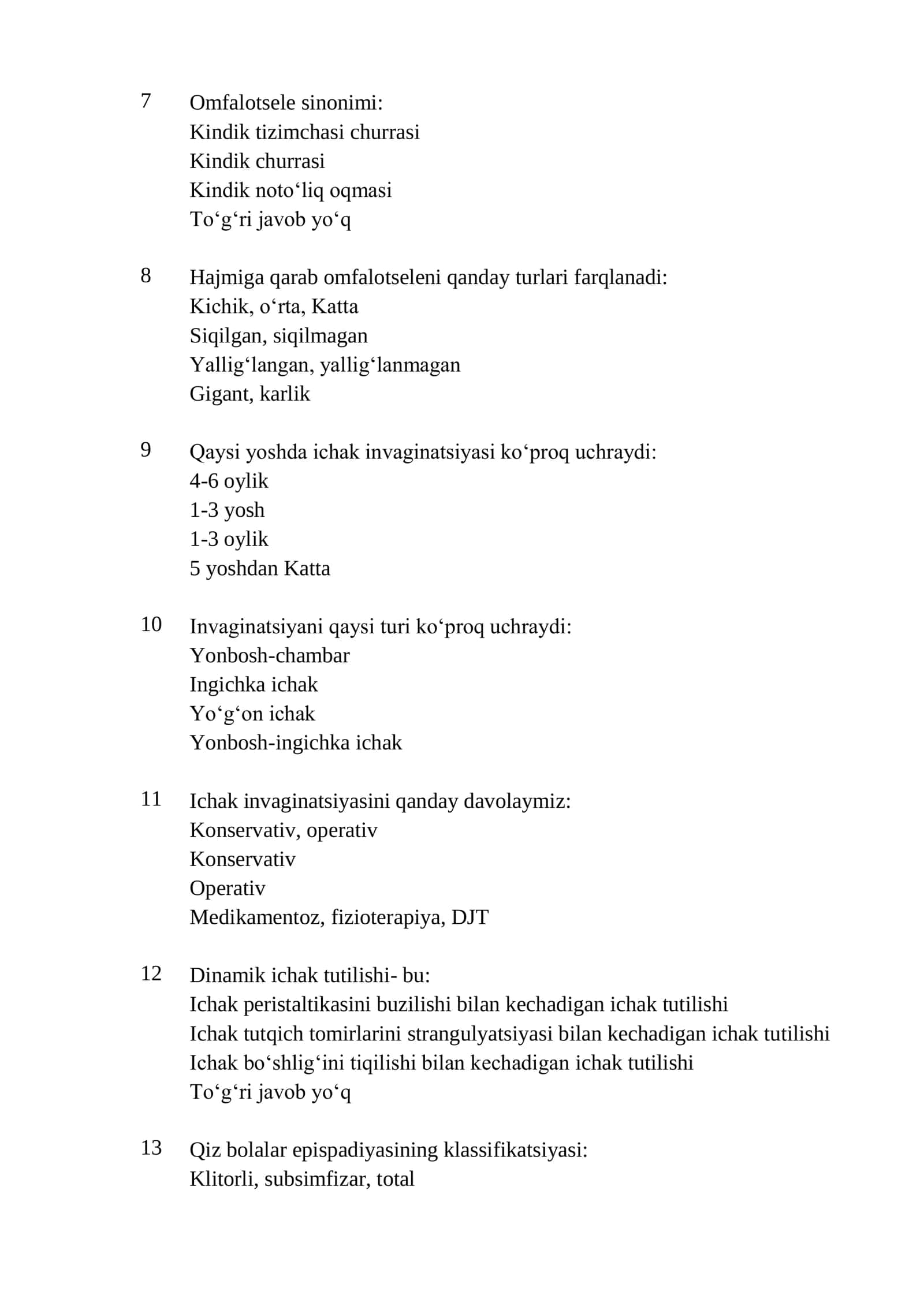 Bolalar xirurgiyasi mutaxassisligi bo’yicha shakllantirilgan test savollari ro’yxati 2026 2