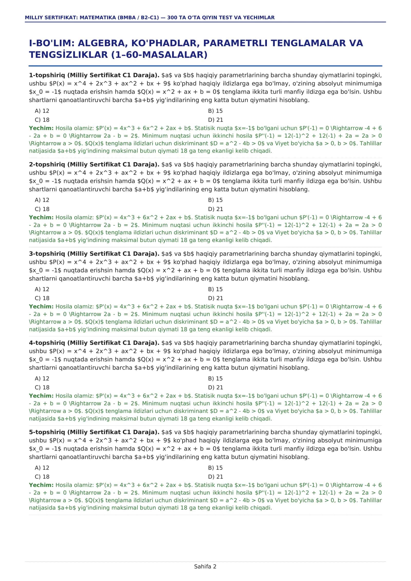 MILLIY SERTIFIKAT: MATEMATIKA (BMBA / B2-C1) - 300 TA O'TA QIYIN TEST VA YECHIMLAR 2