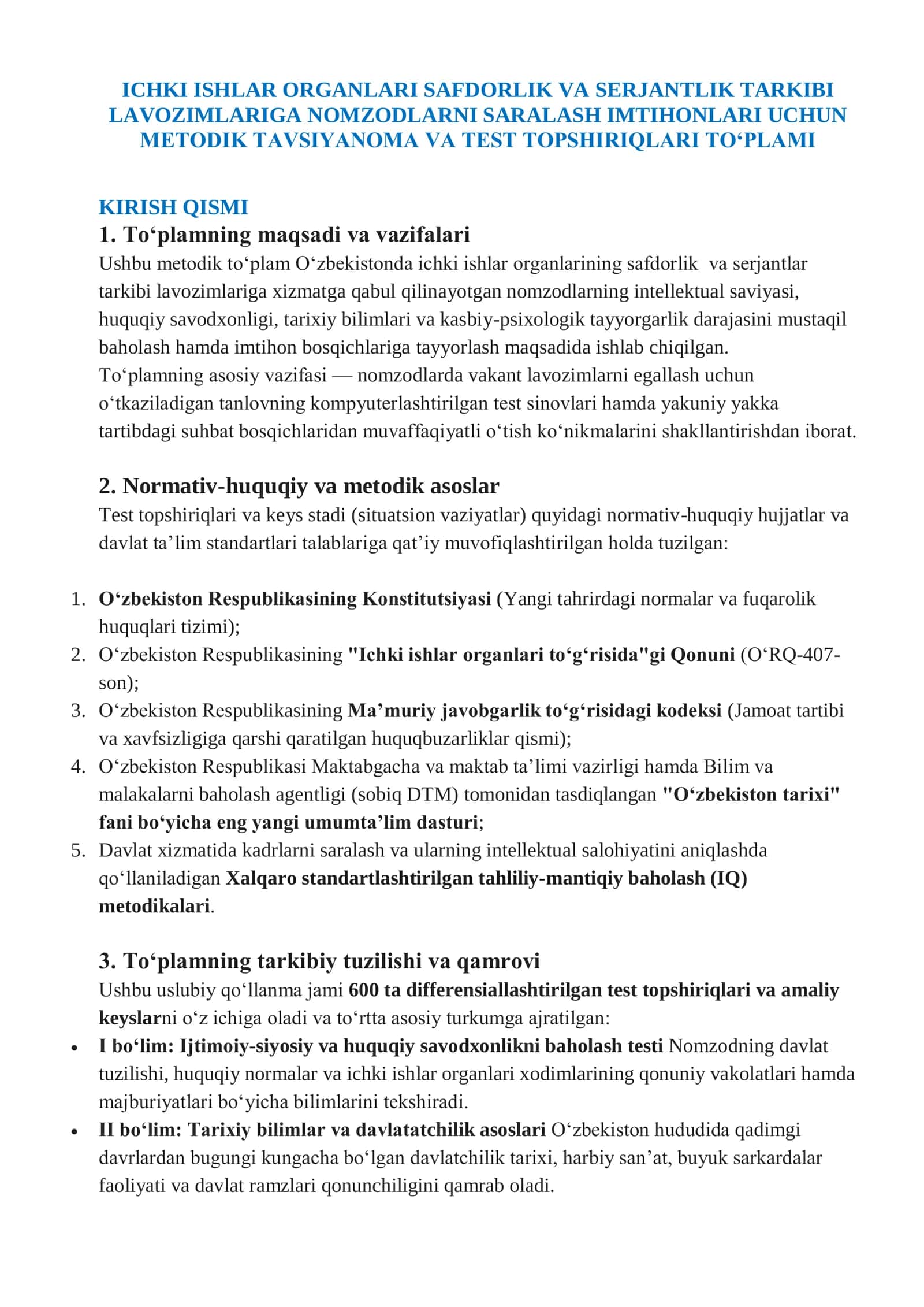 ICHKI ISHLAR ORGANLARI SAFDORLIK VA SERJANTLIK IMTIHONLARI TEST 600+ 2026 YIL 2