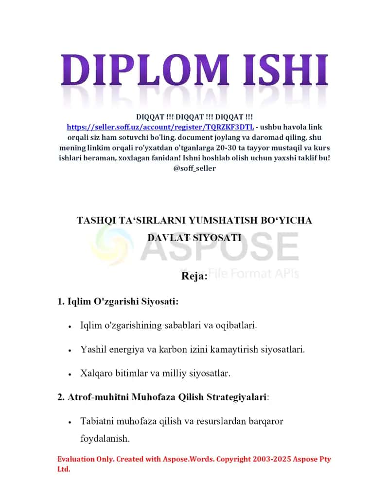 Tashqi ta’sirlarni yumshatish bo‘yicha davlat siyosati referati 2