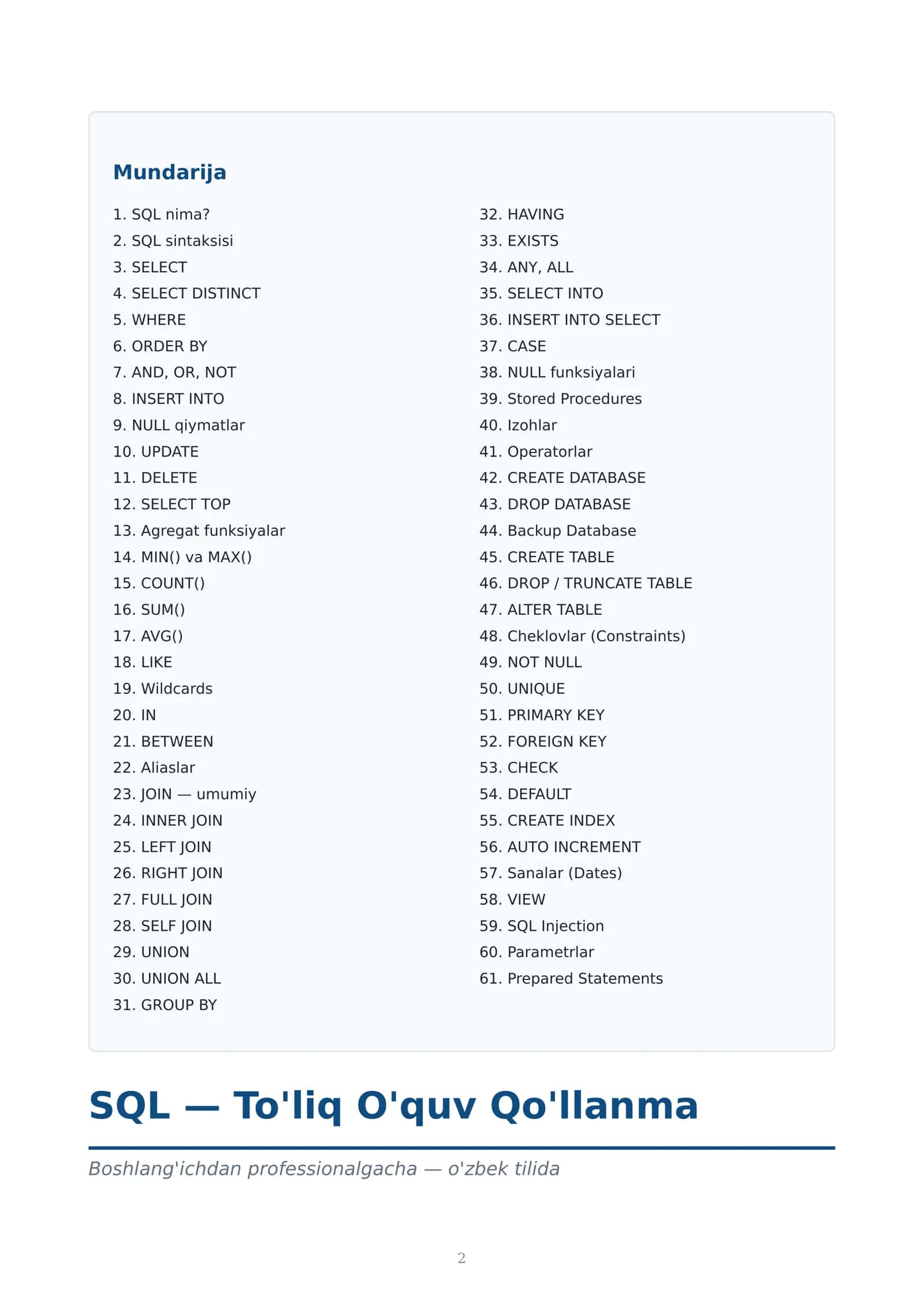 SQL TO'LIQ O'QUV QO'LLANMA 2