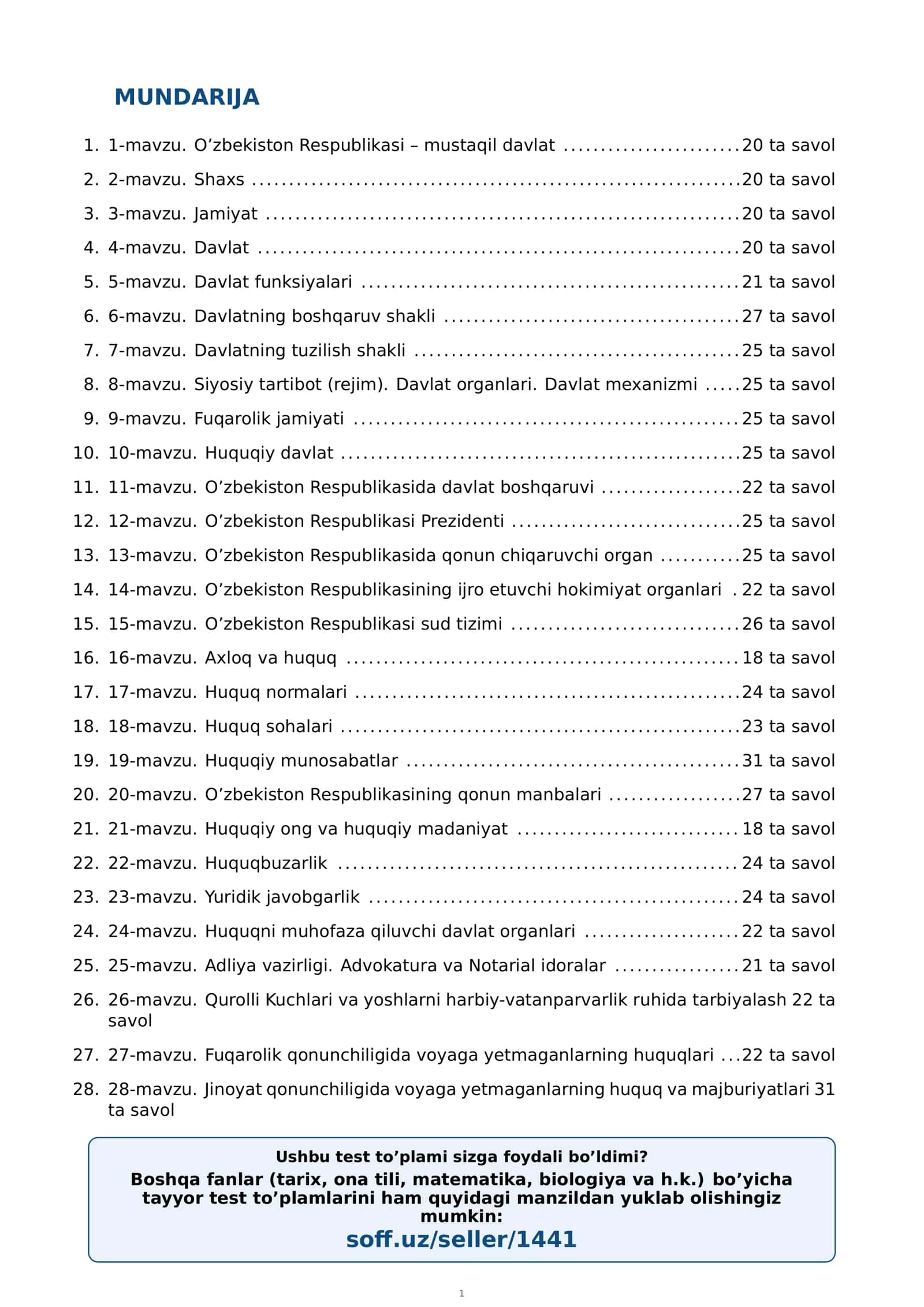O’ZBEKISTON DAVLATI VA HUQUQI ASOSLARI 8-sinf test savollari va javoblar to’plami 2