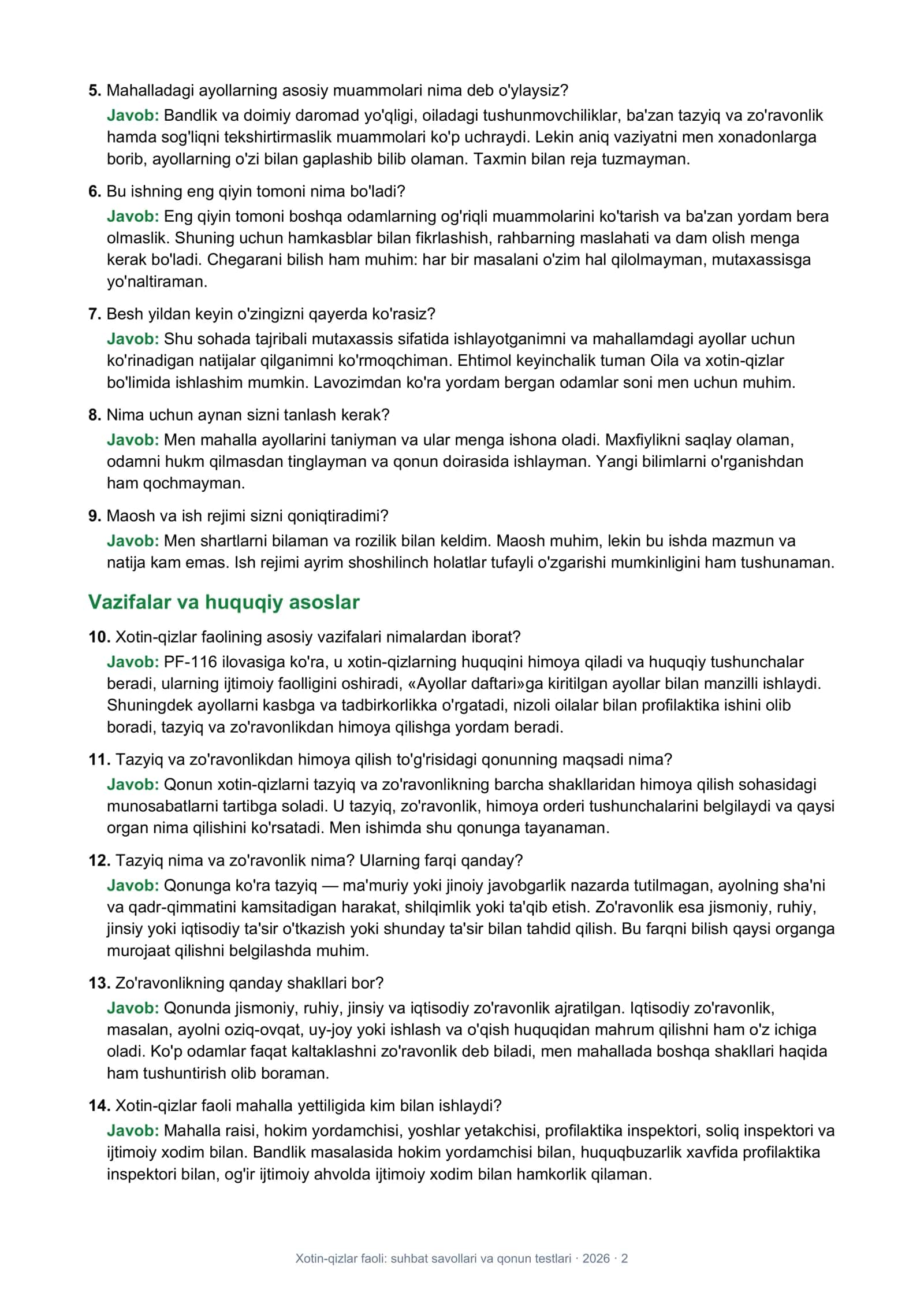 Xotin-qizlar faoli: suhbat savollari va qonun testlari 2