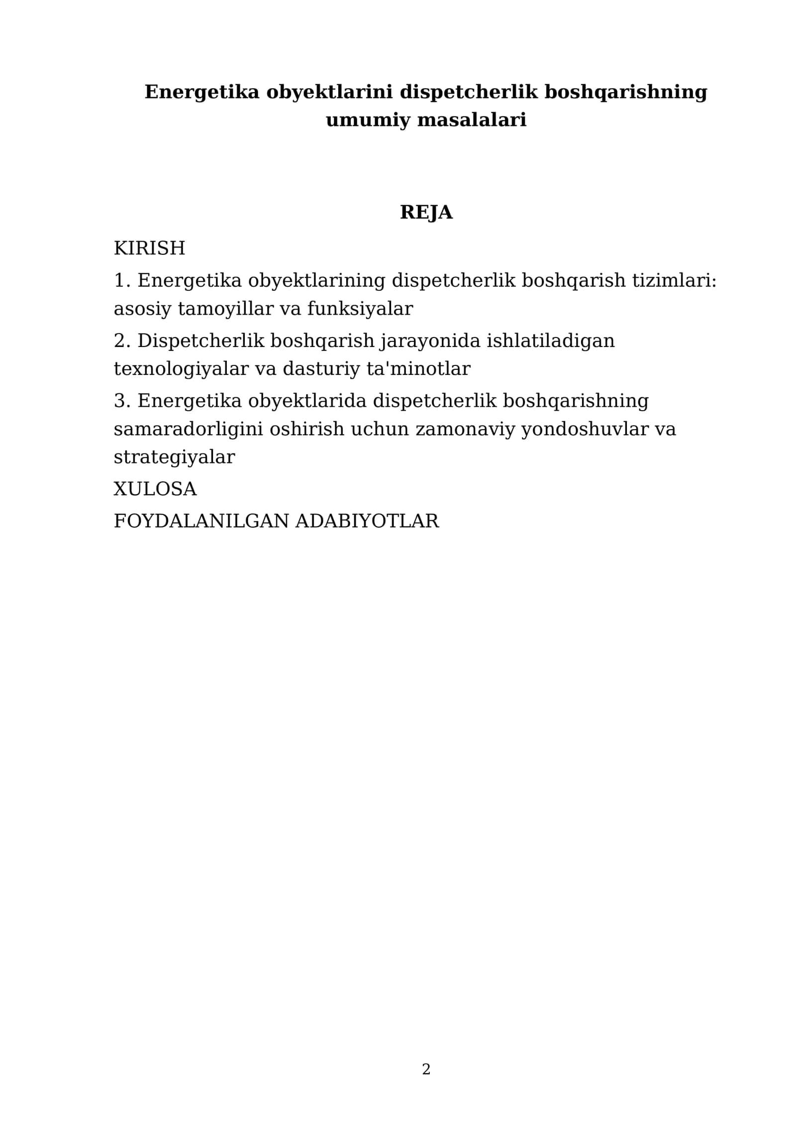 Energetika obyektlarini dispetcherlik boshqarishning umumiy masalalari 2