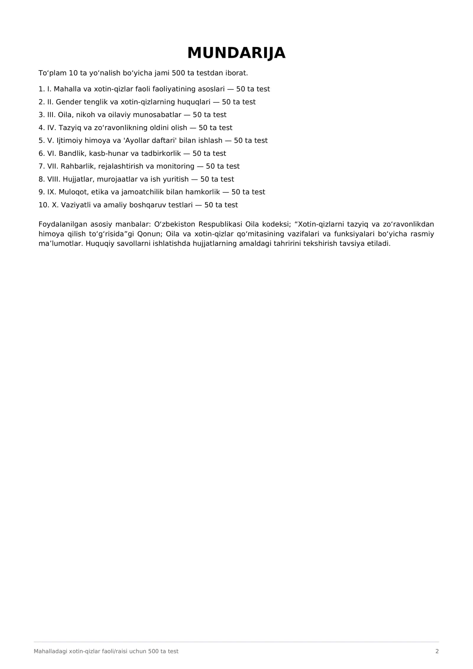 Mahalladagi Xotin-Qizlar Faoli / Raisi Uchun 500 ta Kasbiy Test 2