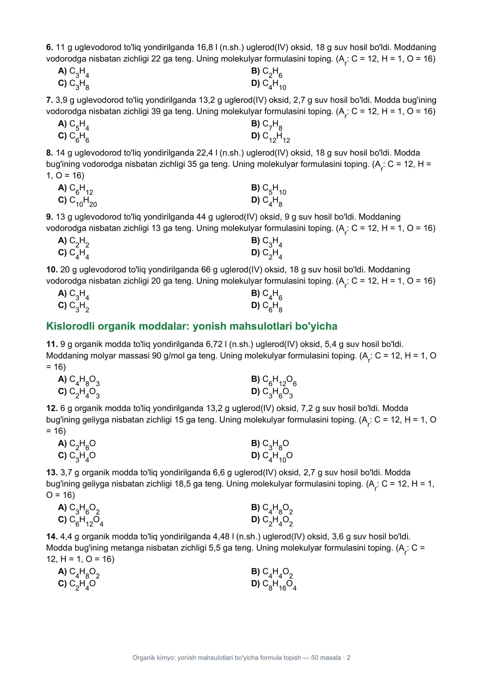 Organik kimyo: yonish mahsulotlari bo'yicha formula topish 2