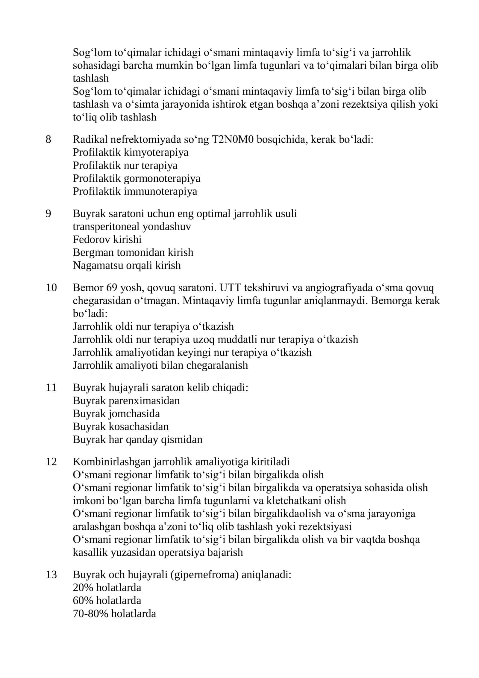 Onkourologiya mutaxassisligi boʻyicha shakllantirilgan test savollari roʻyxati 2026 2