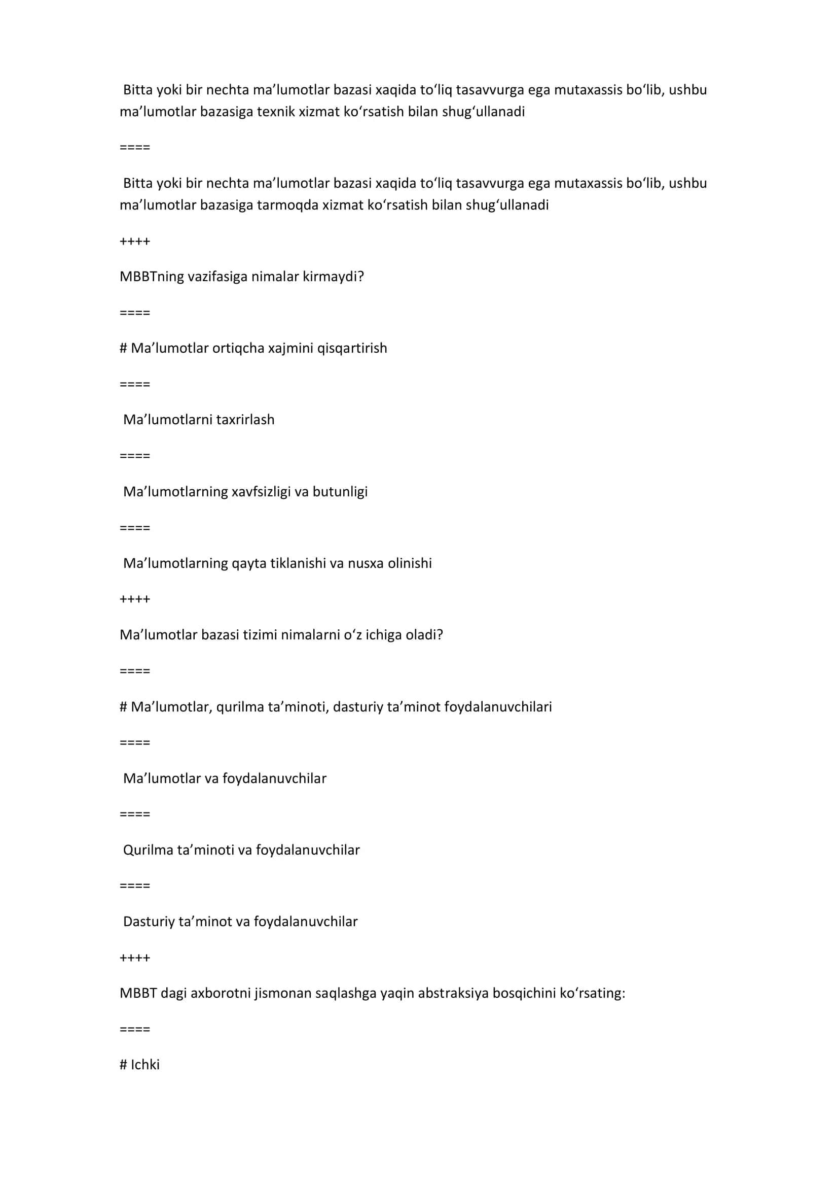 Ma'lumotlar bazasi test savollari javoblari 2