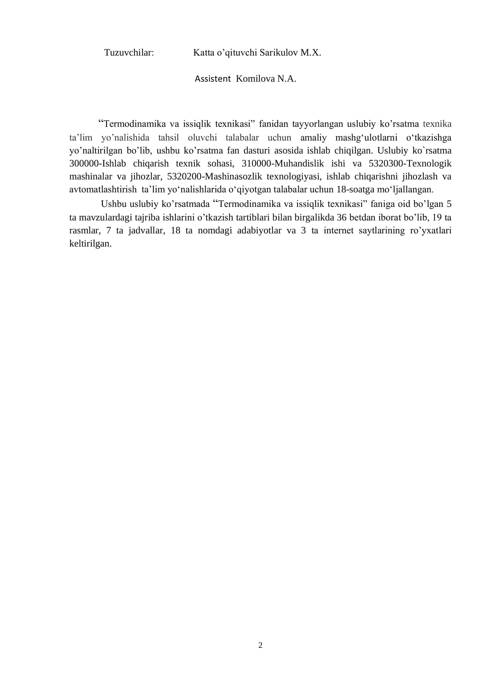 Uslubiy ko'rsatma "Termodinamika va issiqlik texnikasi" fanidan 2