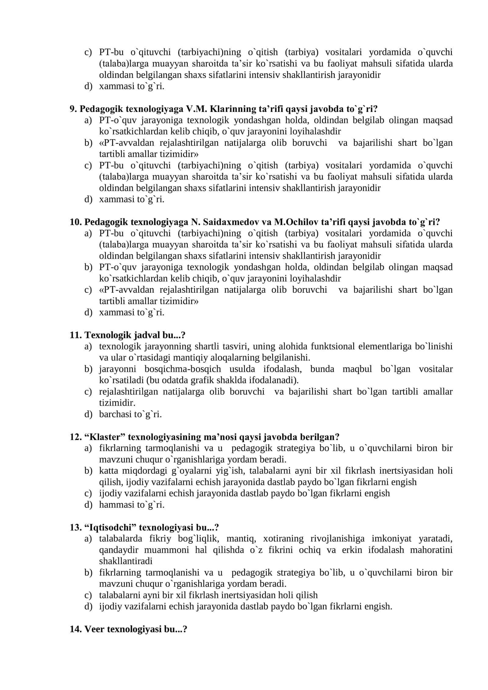 Ta’lim texnologiyalari fanidan Joriy nazorat uchun test savollari 2