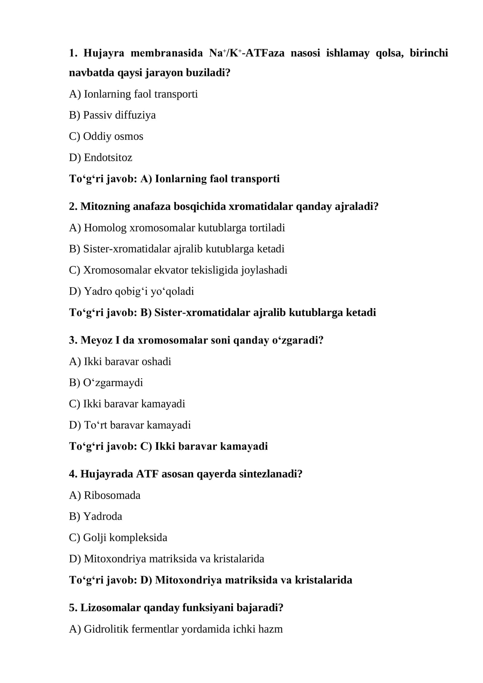 Biologiya fanidan milliy sertifikat uchun tayyorlanishga testlar to'plami savollar va javoblar 2