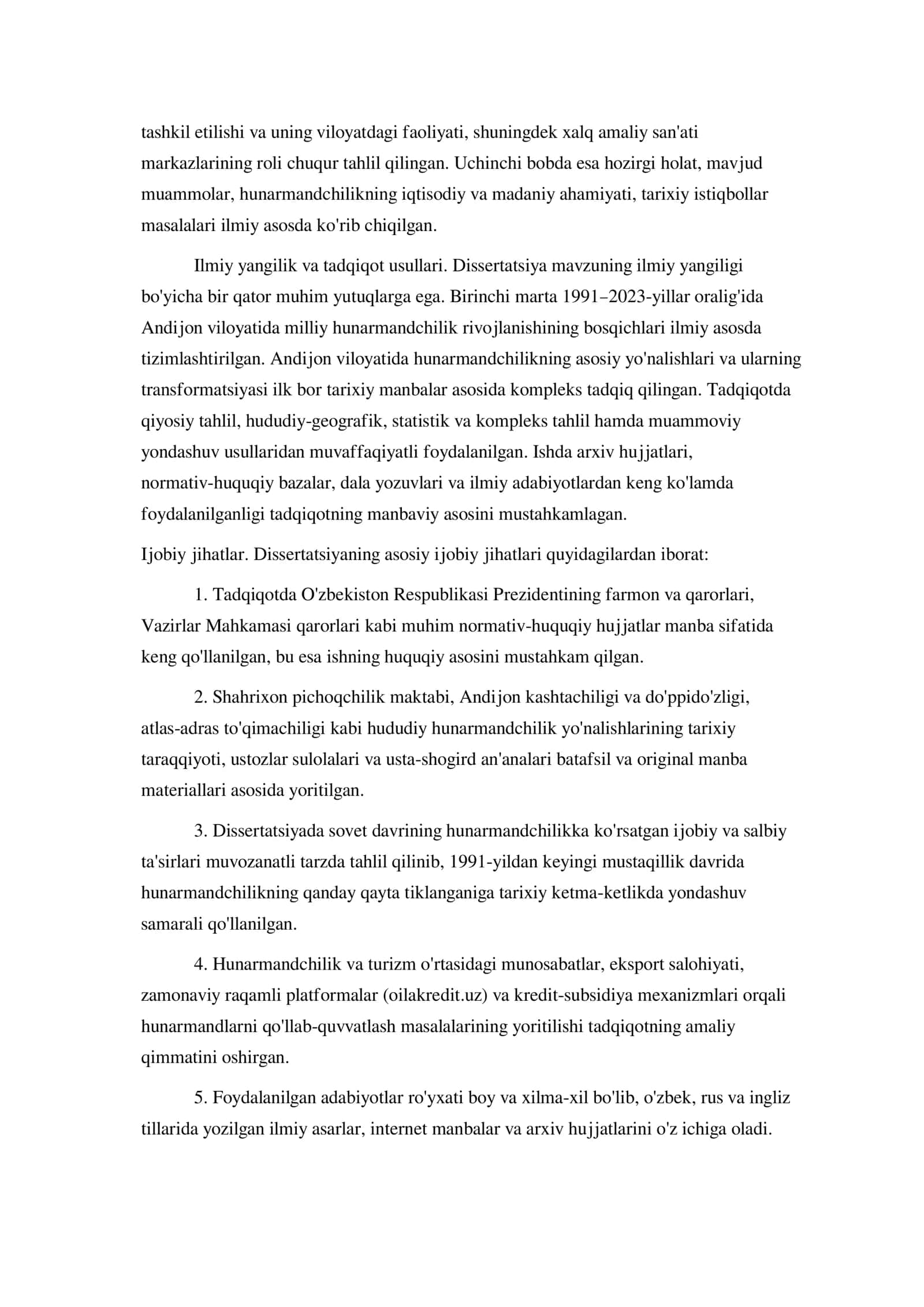 Mustaqillik yillarida Andijon viloyatida milliy hunarmandchilik rivojlanish tarixi (1991–2023 yy.) 2