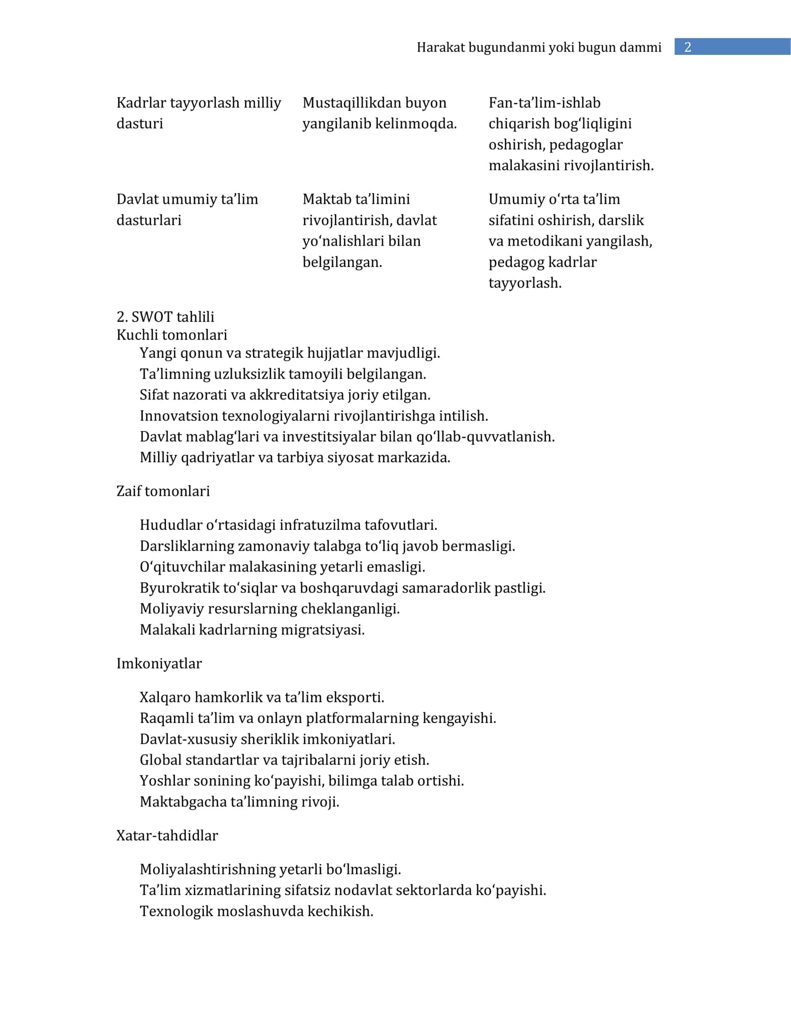 O‘zbekiston Respublikasining ta’lim sohasidagi davlat siyosati mazmuni va uni aks ettiruvchi hujjatlari (SWOT tahlil) 2