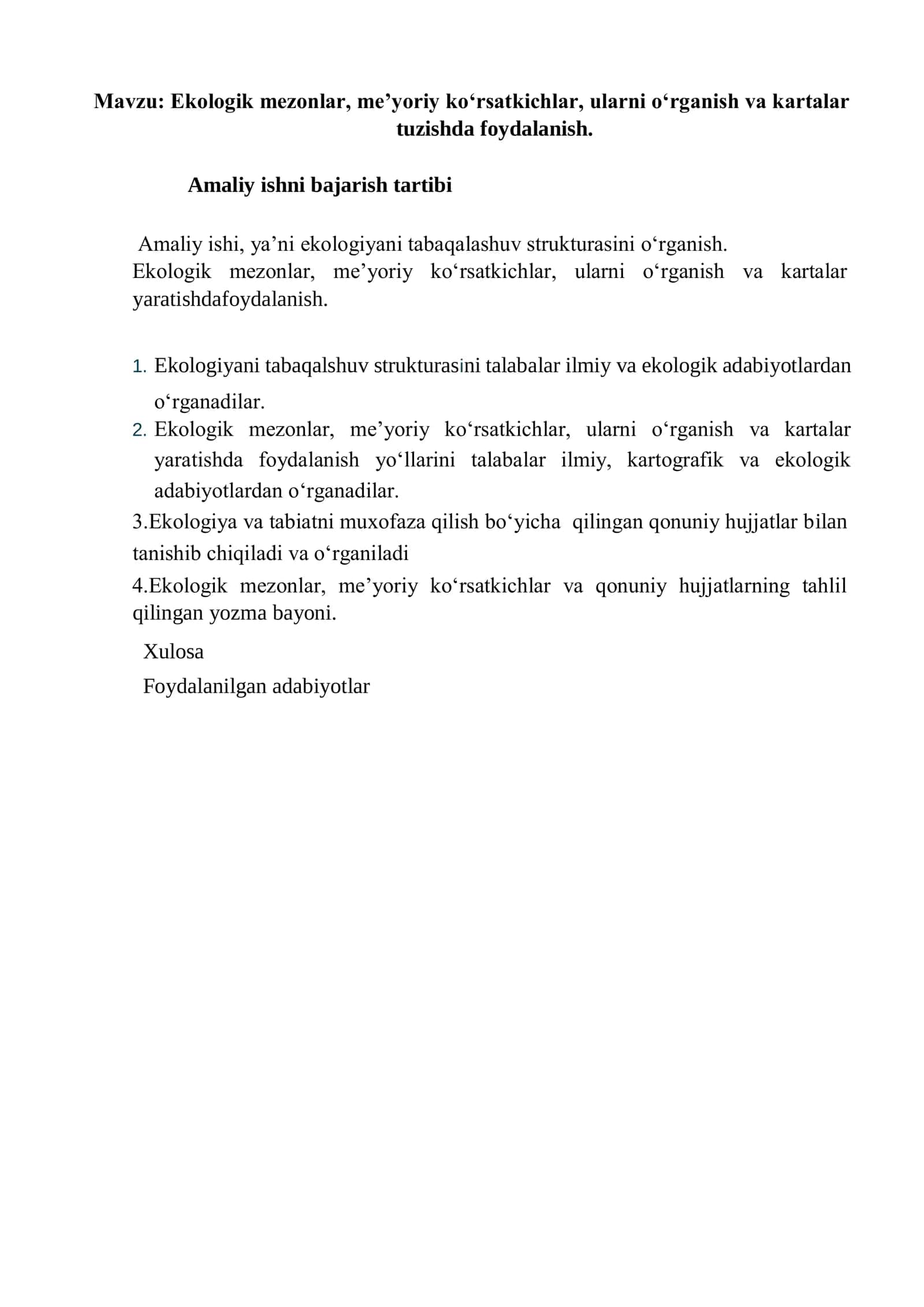 Ekologik mezonlar, meʼyoriy koʻrsatkichlar, ularni oʻrganish va kartalar tuzishda foydalanish 2