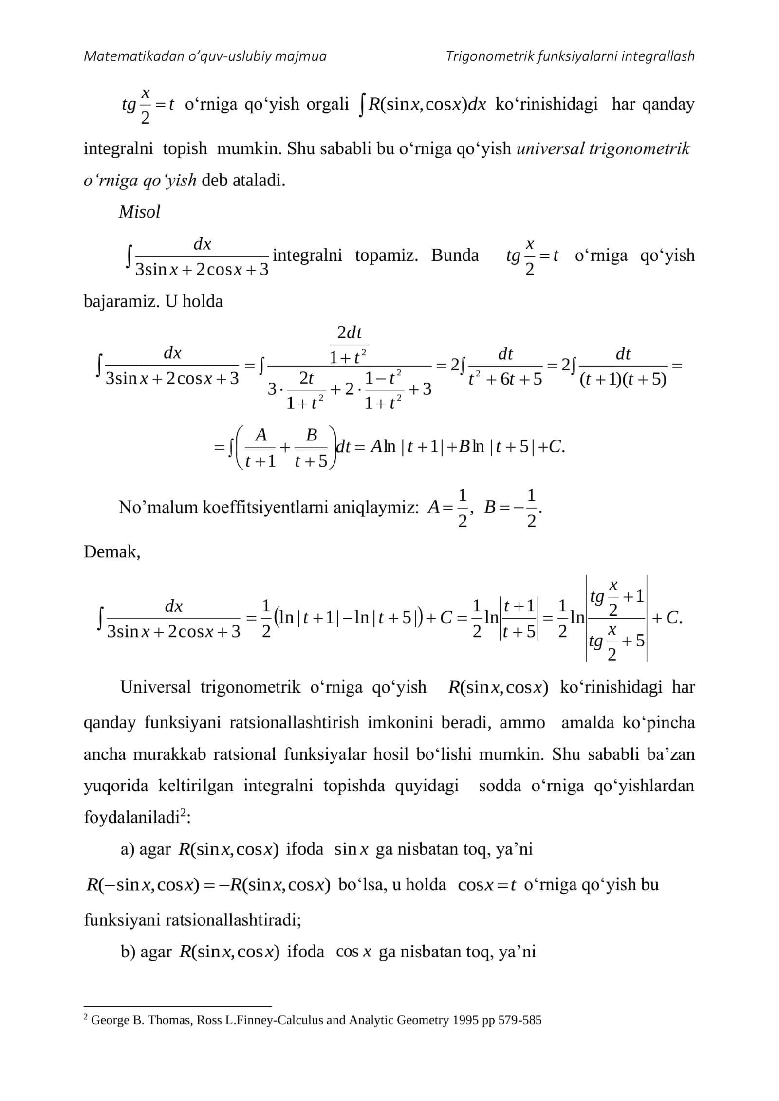 Trigonometrik funksiyalarni integrallash 2