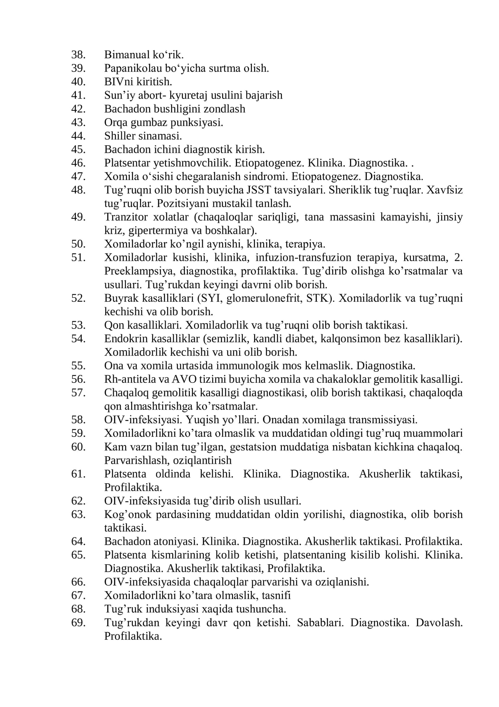 Akusherlik ishi mutaxassisligi bo’yicha shakllantirilgan og’zaki savollar ro’yxati 2