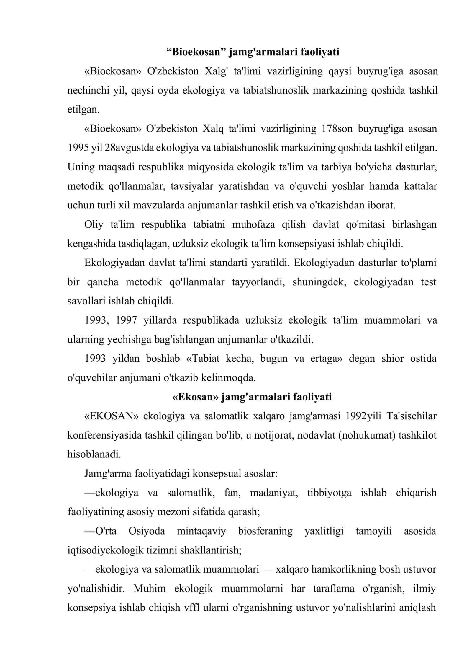 O'zbekistonda «bioekosan» va «ekosan» jamg'armalari faoliyati 2