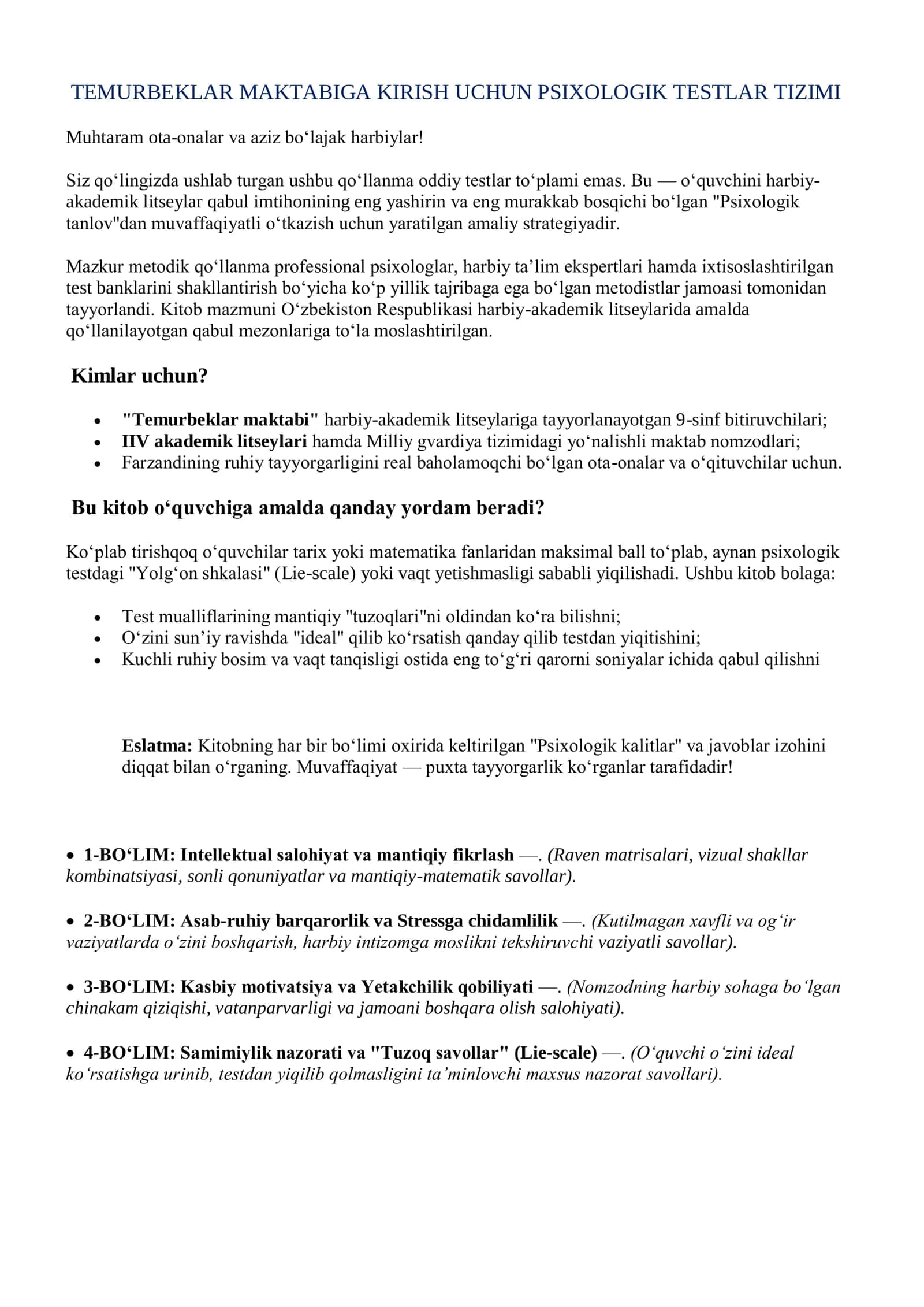 2026 YIL TEMURBEKLAR MAKTABIGA KIRISH PSIXOLOGIK TESTLAR 2