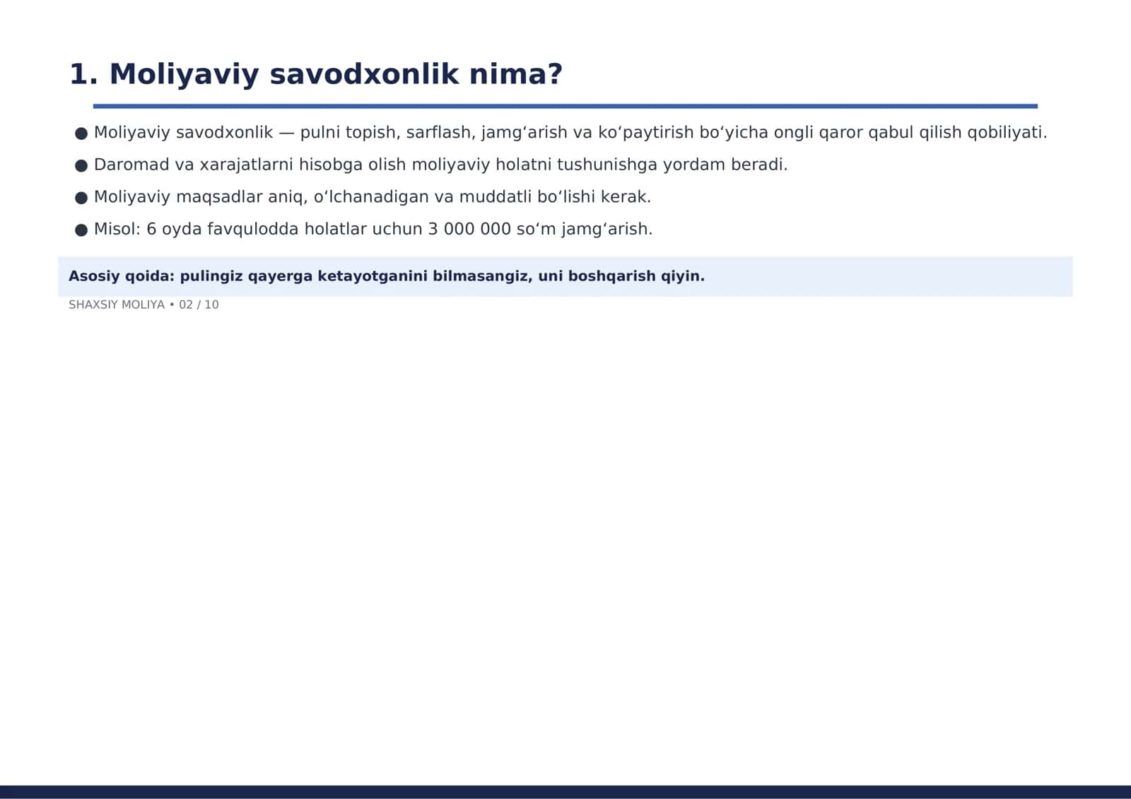 SHAXSIY MOLIYANI BOSHQARISH VA INVESTITSIYA ASOSLARI 2