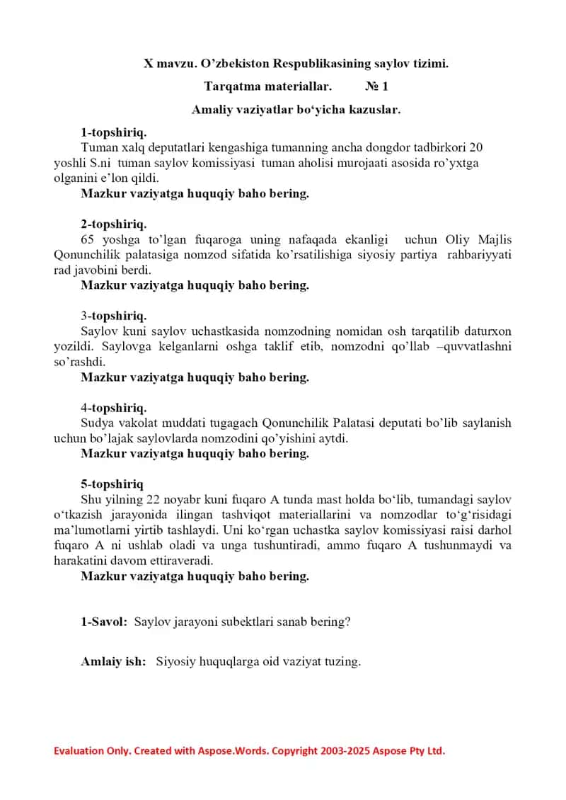 O’zbekiston Respublikasining saylov tizimi. Tarqatma materiallar. 2