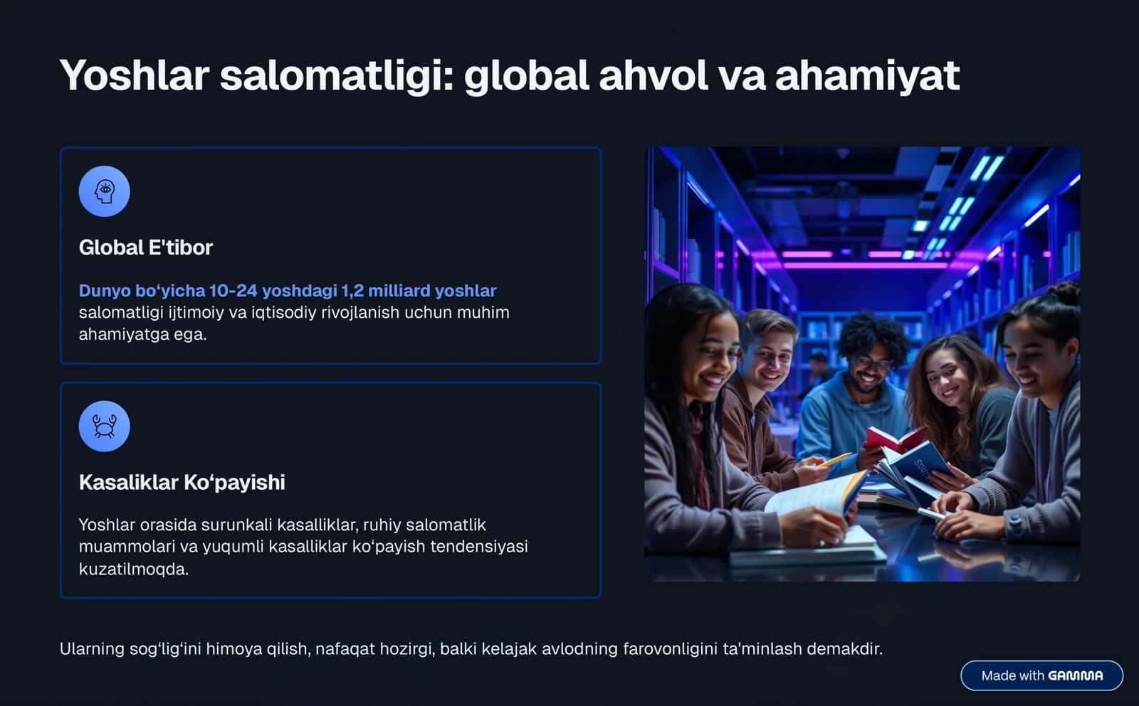 Yoshlar salomatligi: global ahvol va ahamiyat 2