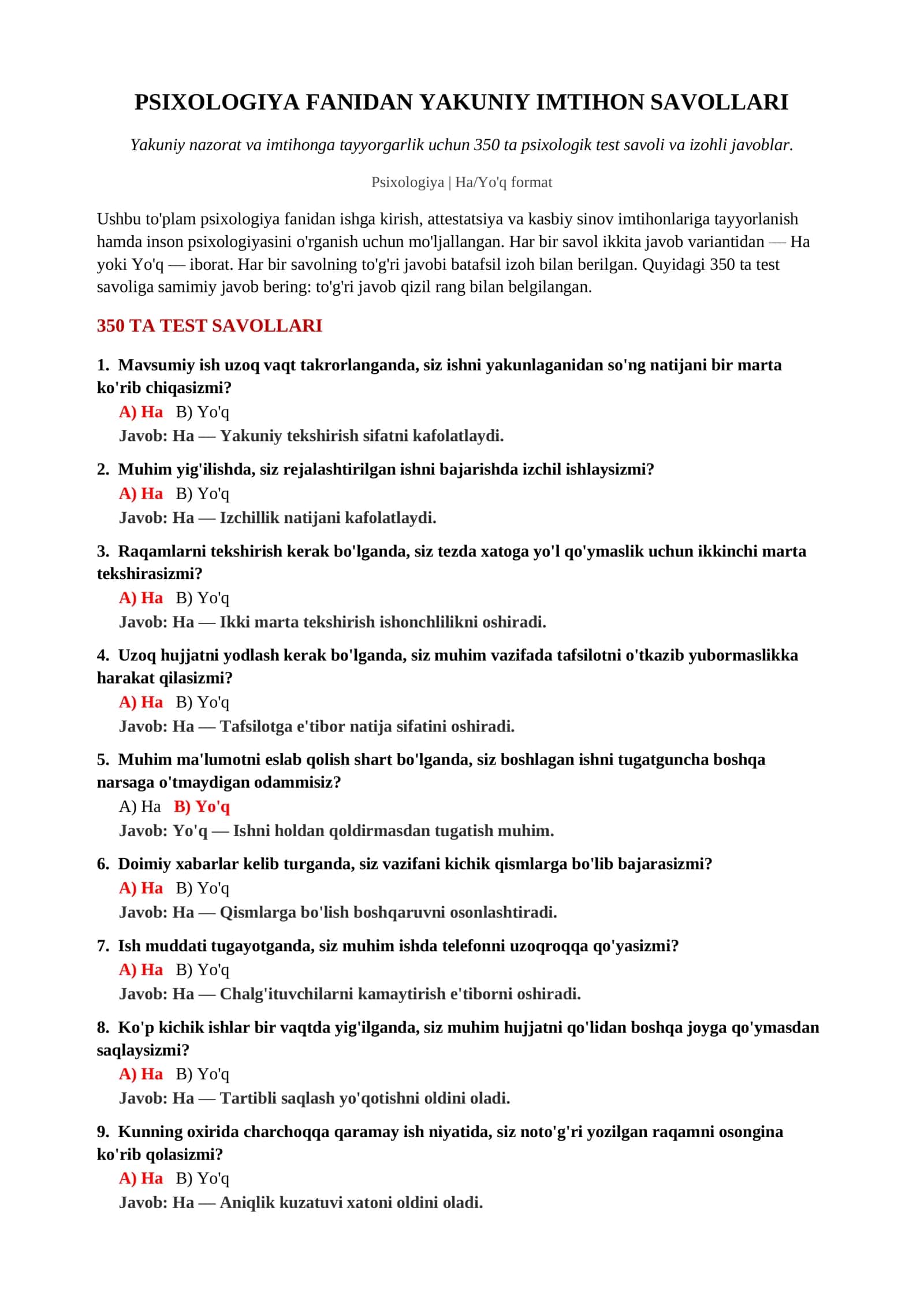 PSIXOLOGIYA FANIDAN YAKUNIY IMTIHON SAVOLLARI 2