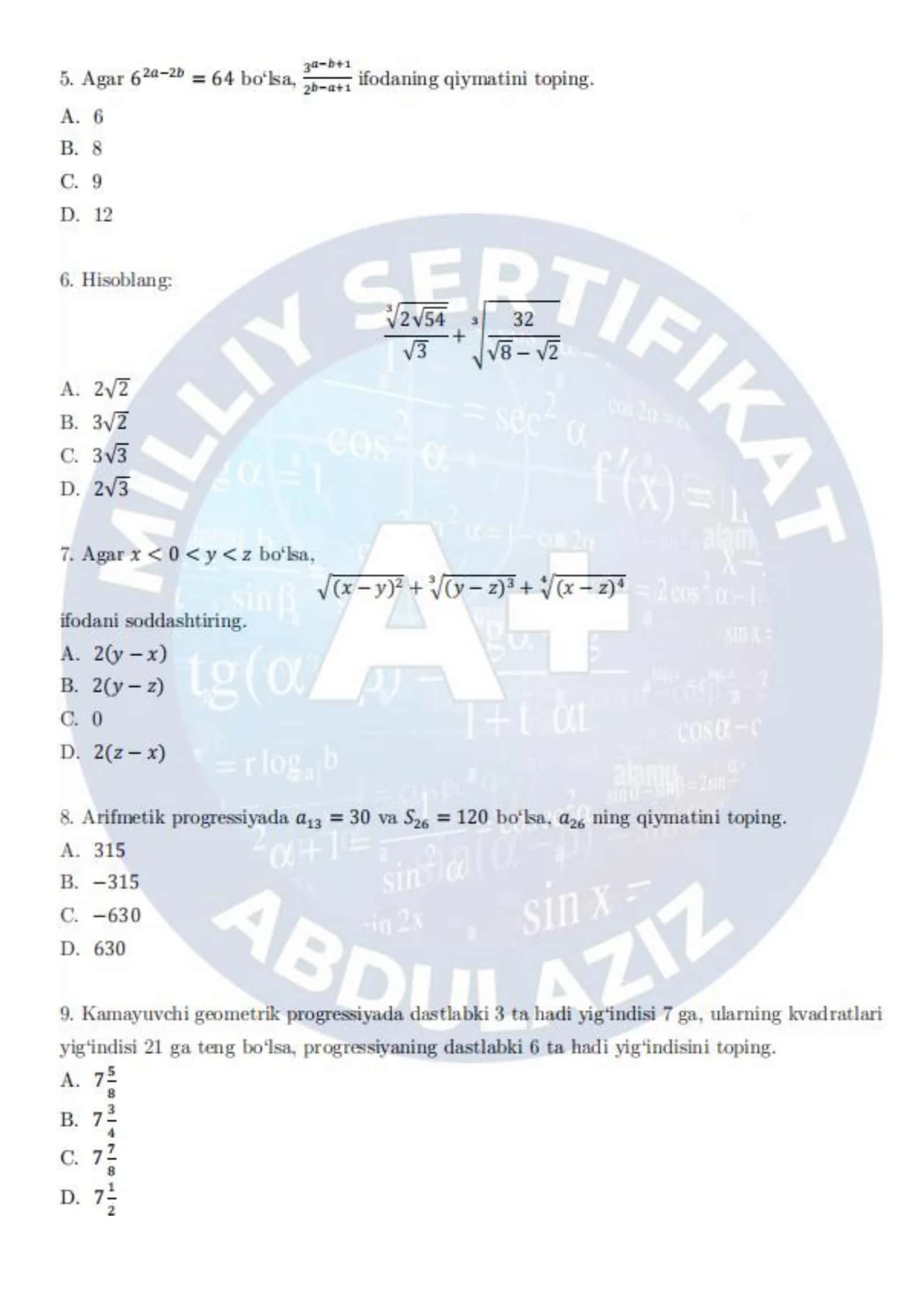 📚Matematika Milliy Sertifikat — MOCK TEST | To‘liq sinov varianti 2
