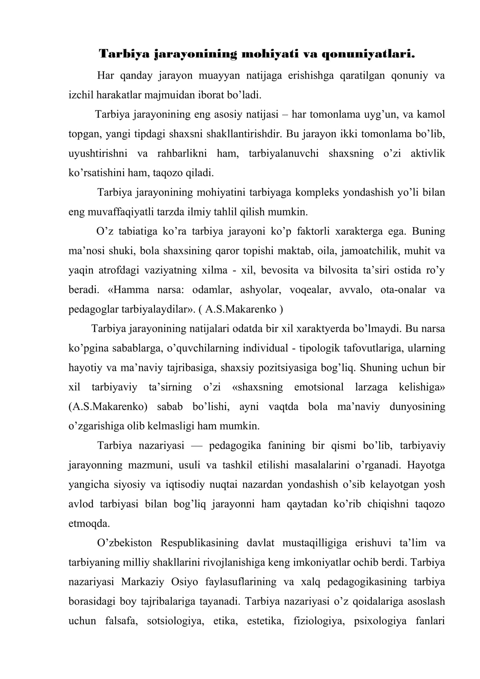 Tarbiya jarayonining mohiyati, printsiplari. Sharqona tarbiyaning nazariy, milliy asoslari. Tarbiya metodlari 2