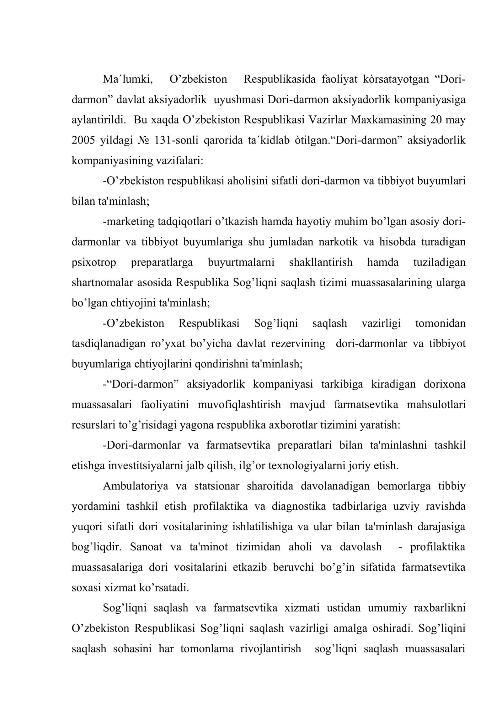 O’zbеkiston Rеspublikasida Sog’liqni saqlash ishlari va farmatsеvtika xizmatini rivojlantirish asoslari 2