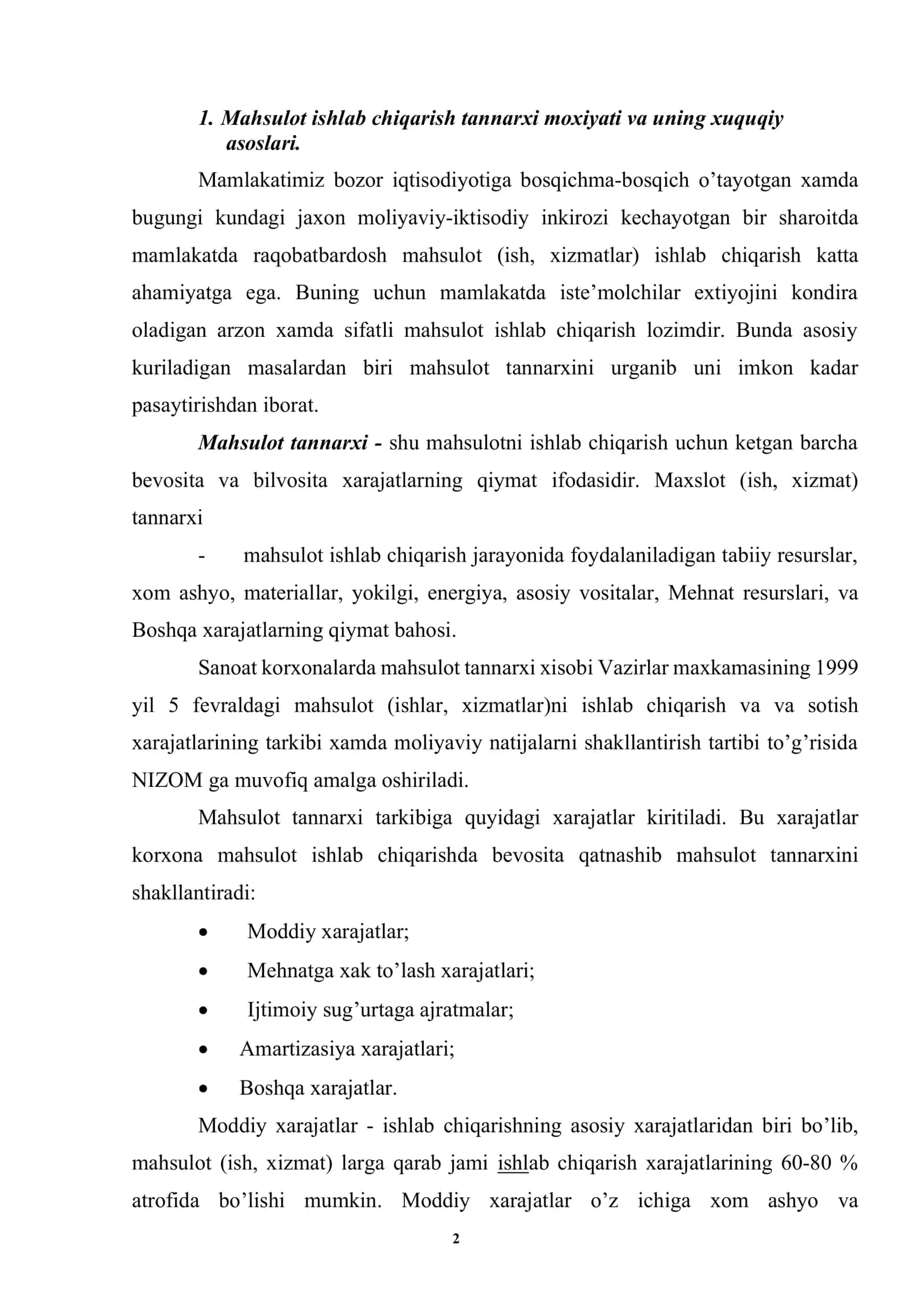 Ishlab chiqarilgan va sotilgan mahsulotlar tannarxi tahlili 2