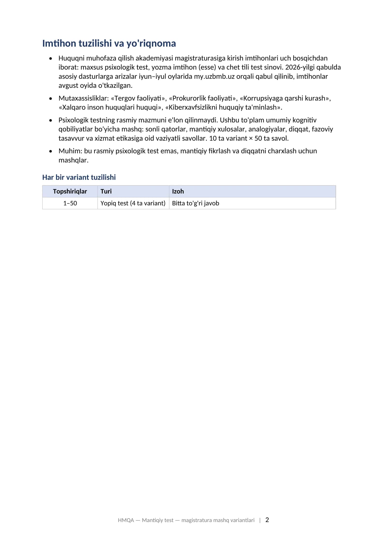 HUQUQNI MUHOFAZA QILISH AKADEMIYASI: MANTIQIY FIKRLASH VA DIQQAT Magistraturaga kirish test sinoviga tayyorgarlik: variantlar to'plami (2026–2027) 2