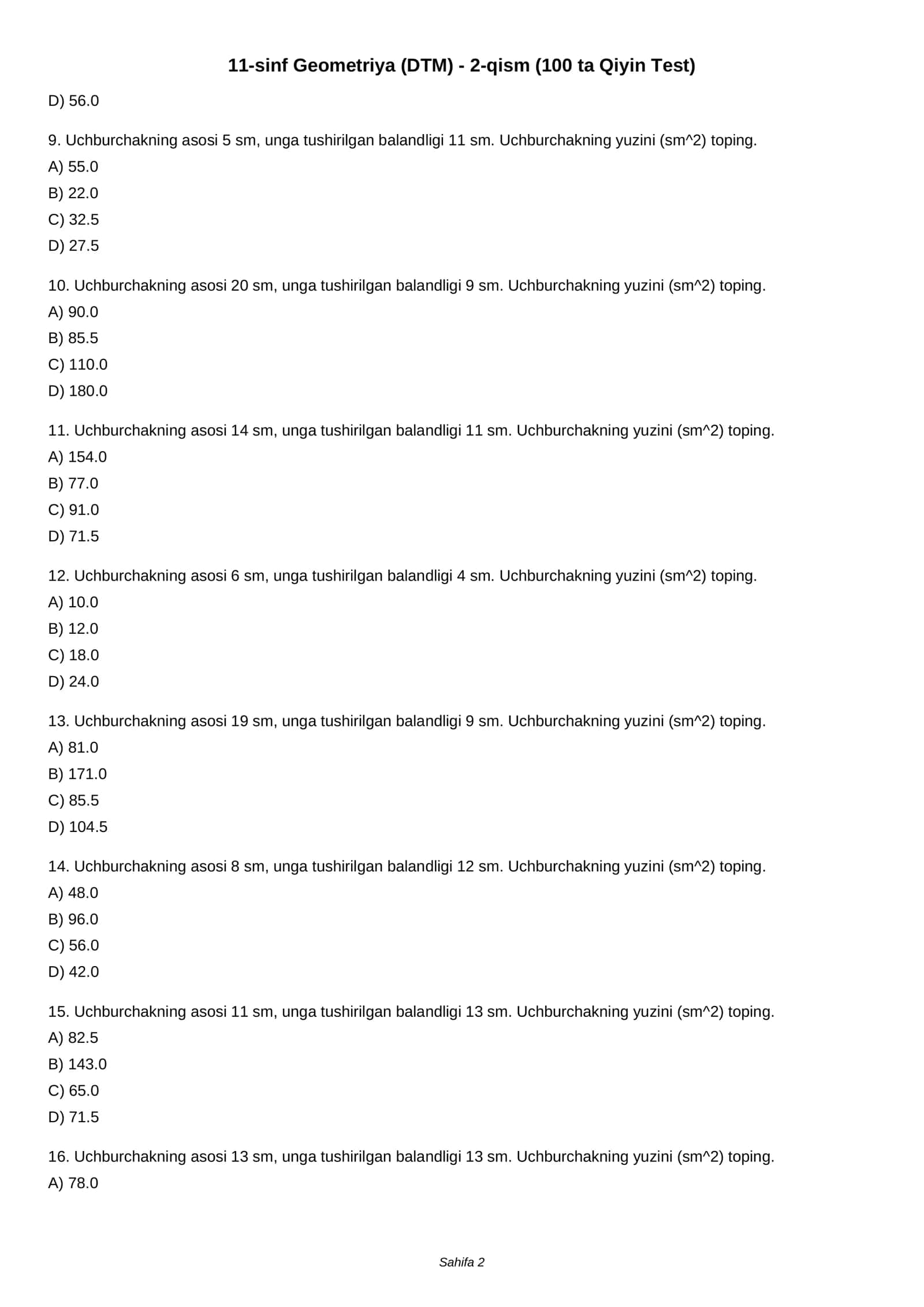 11-sinf Geometriya (DTM) - 2-qism (100 ta Qiyin Test) 2