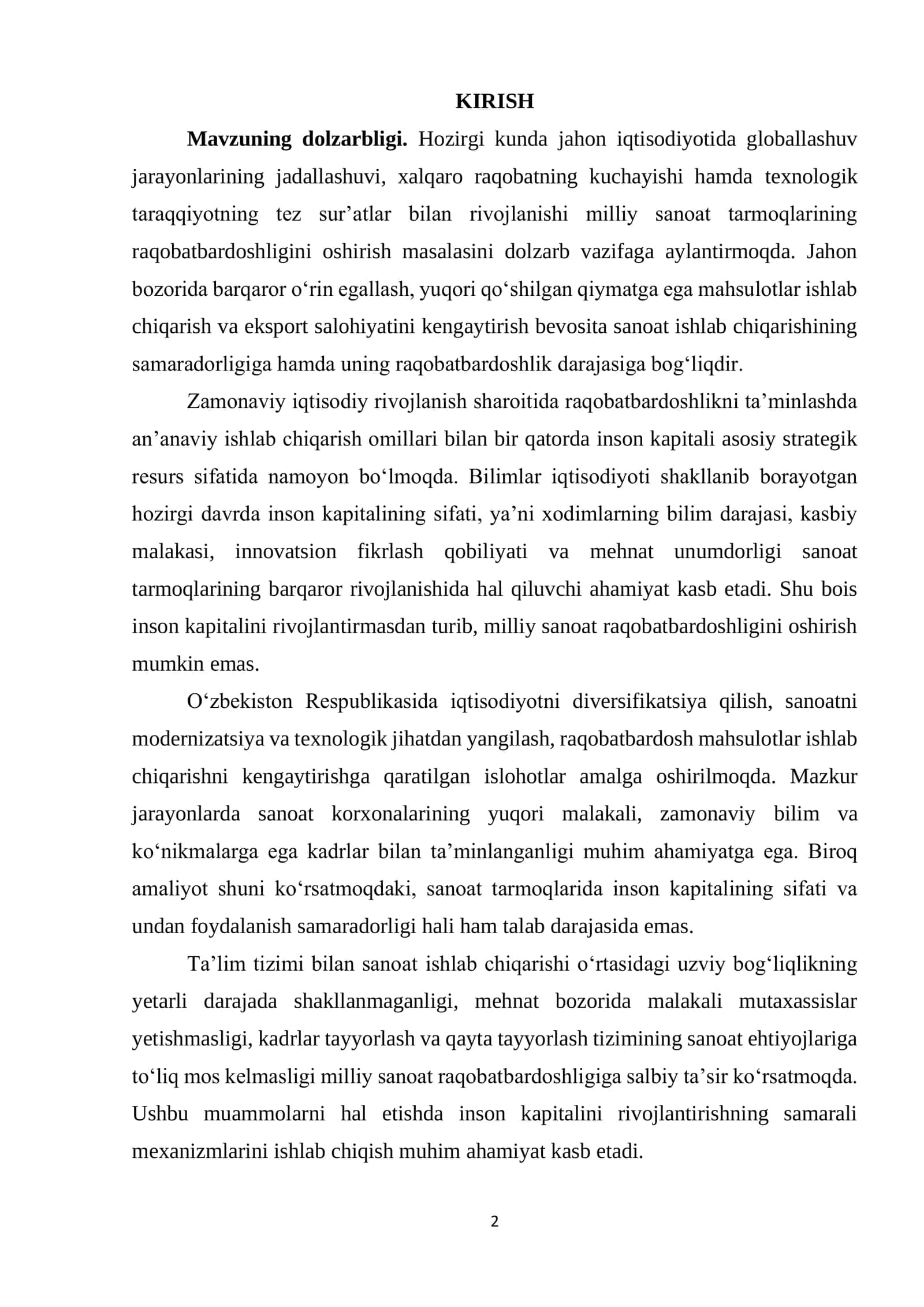 Inson kapitalini rivojlantirish orqali milliy sanoat raqobatbardoshligi 2