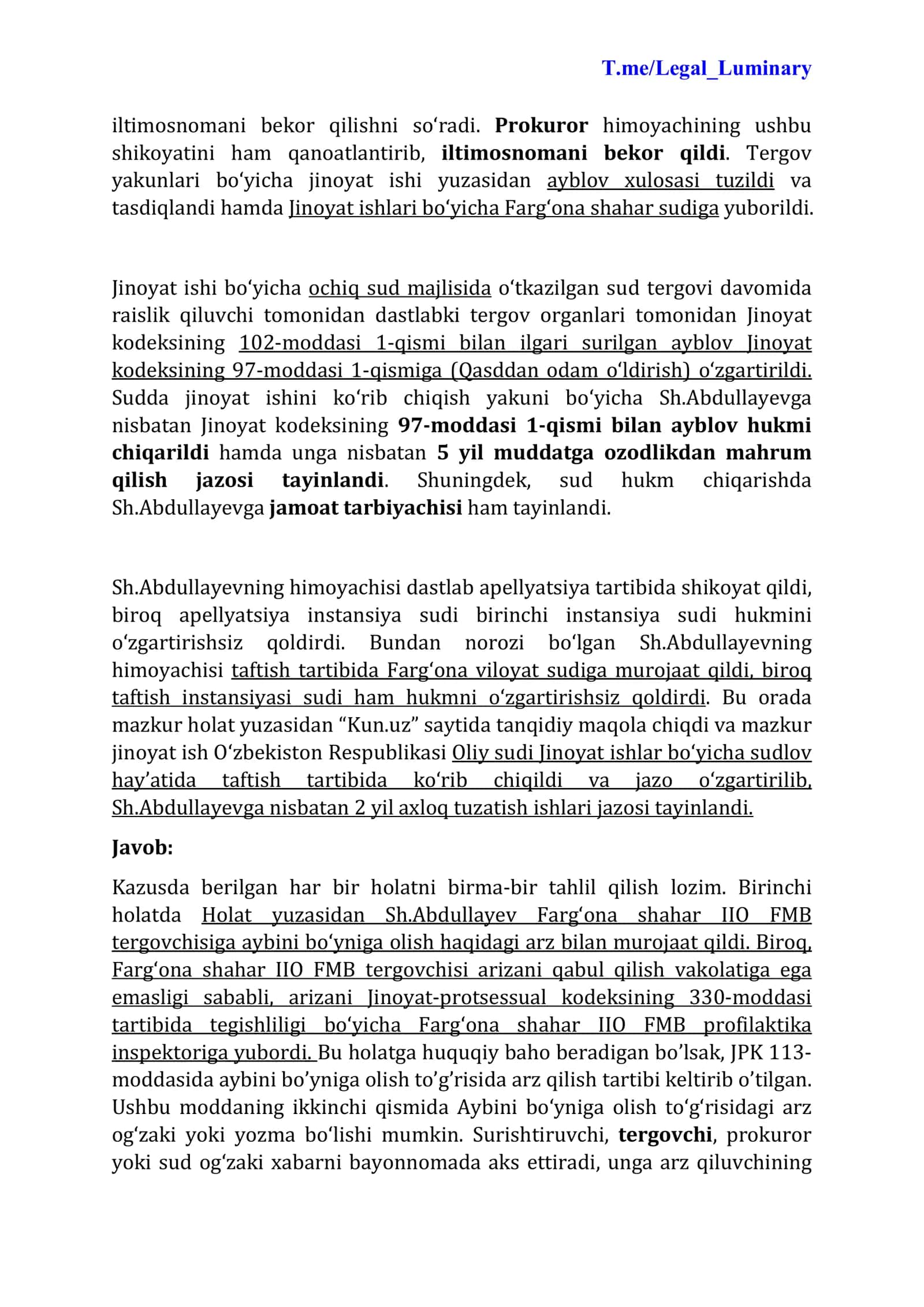 Jinoyat protsessual huquqidan yakuniy nazorati -kazusi 2026 yil 2