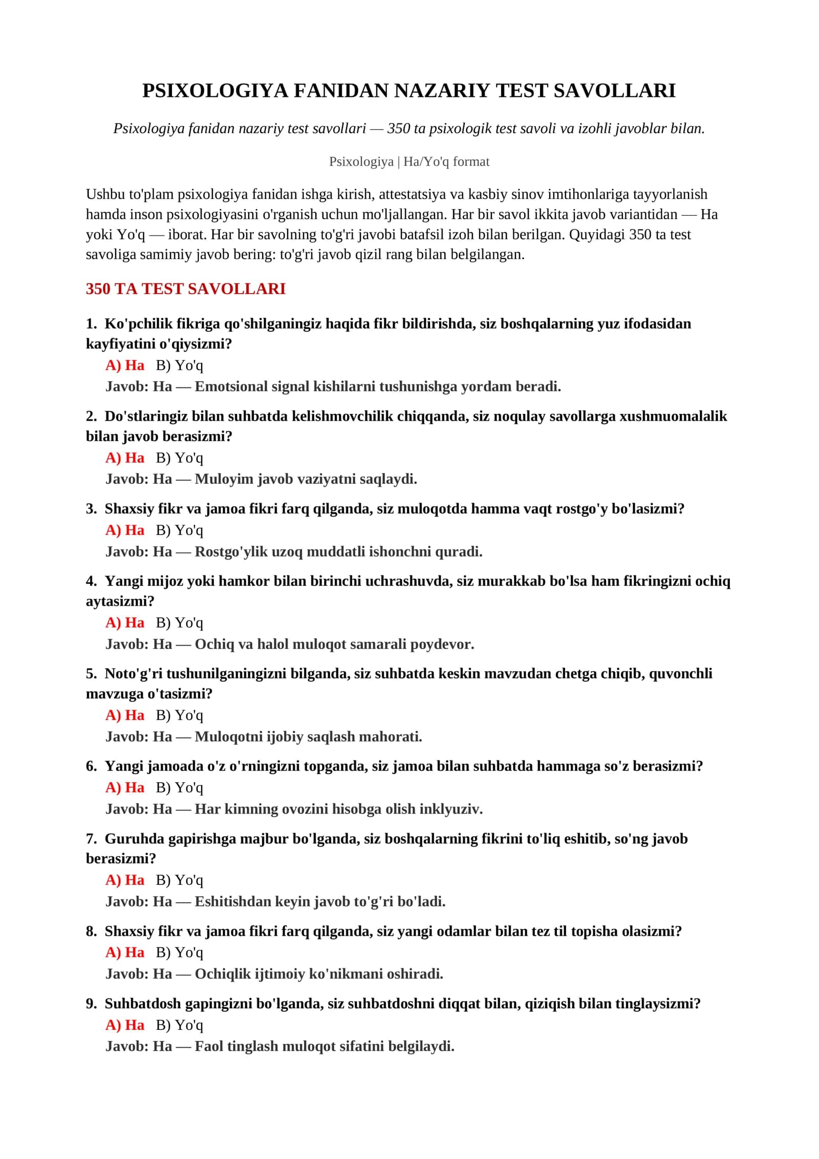 PSIXOLOGIYA FANIDAN NAZARIY TEST SAVOLLARI 2