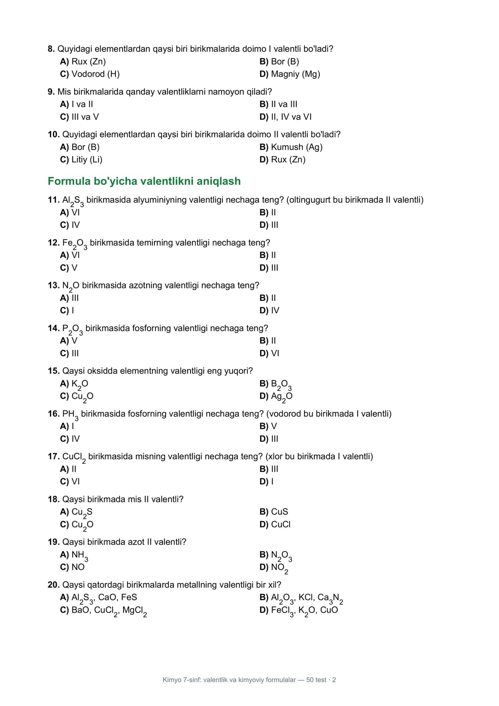 Kimyo 7-sinf: valentlik va kimyoviy formulalar 2