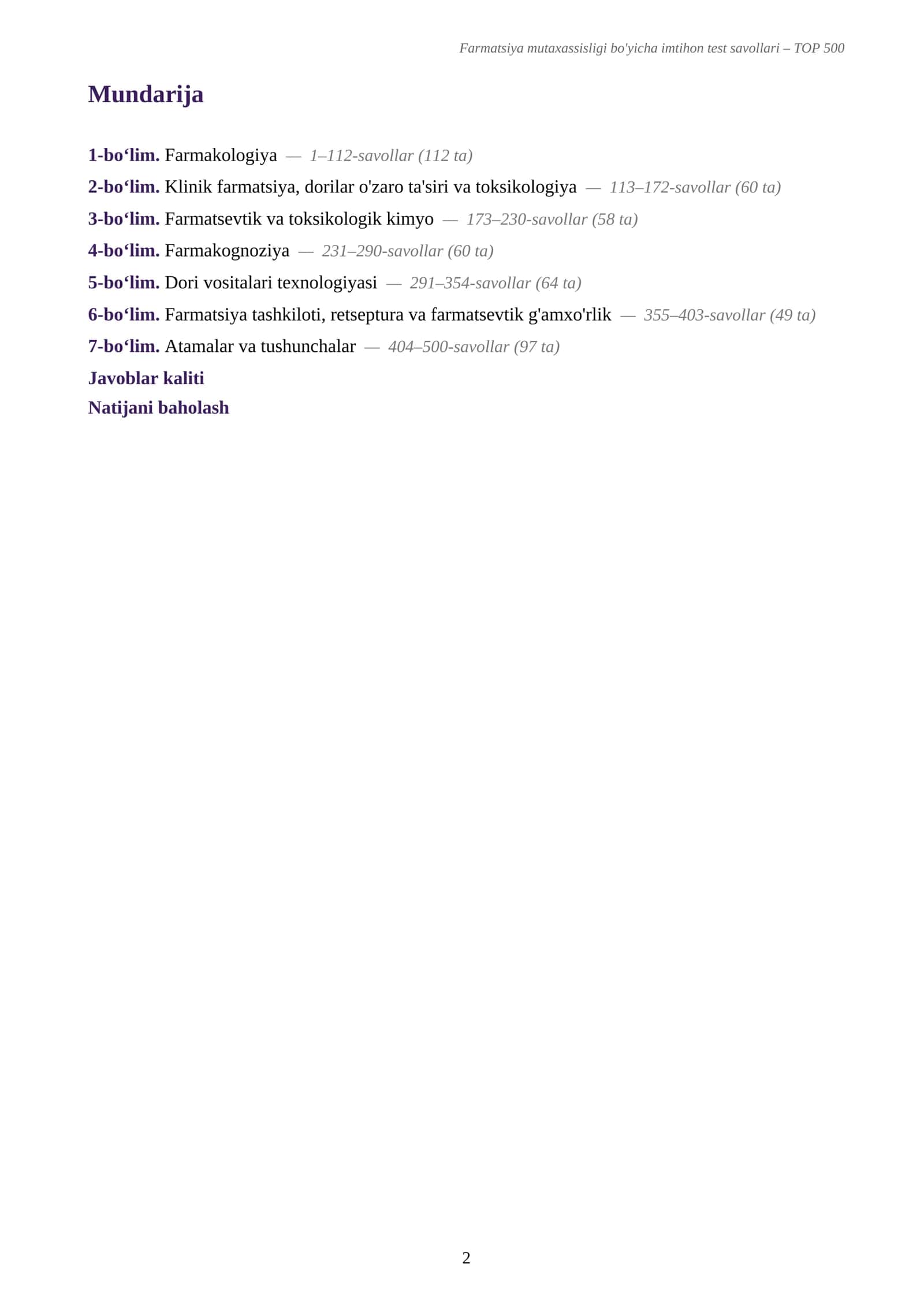 Farmatsiya mutaxassisligi bo'yicha imtihon test savollari – TOP 500 2