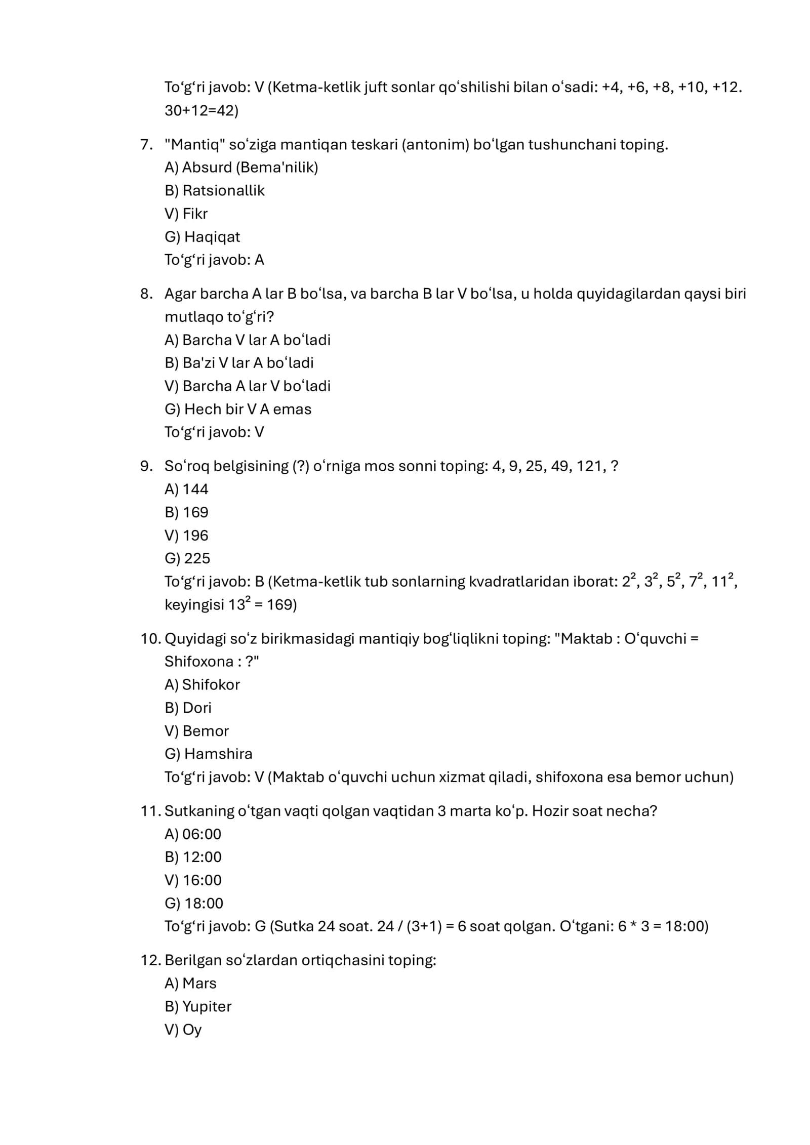Argost IQ test javoblari bilan 300 talik javoblari bilan 2