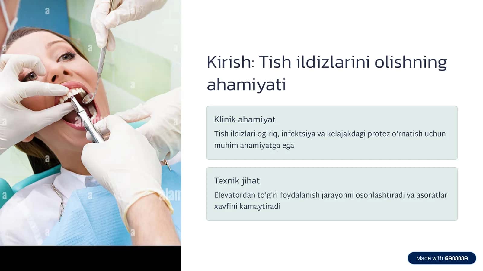 Оmburlаr bilаn tish оlish bоsqichlаri. Ildizlаrni оlishdа elevаtоrlаrni tаnlаsh. Tish ildizlаrini bоrmаshinа yordаmidа оlish bоsqichlаri  Tish ildizlаrini dоlоtо yordаmidа оlish bоsqichlаri.. Аlveоlitni jаrrоhlik dаvоlаsh bоsqichlаri. 2