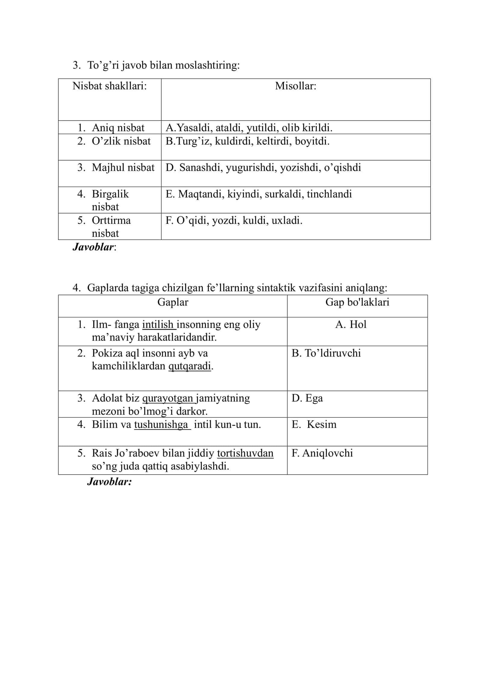 Fe’l so’z turkumiga oid nostandart testlar 2